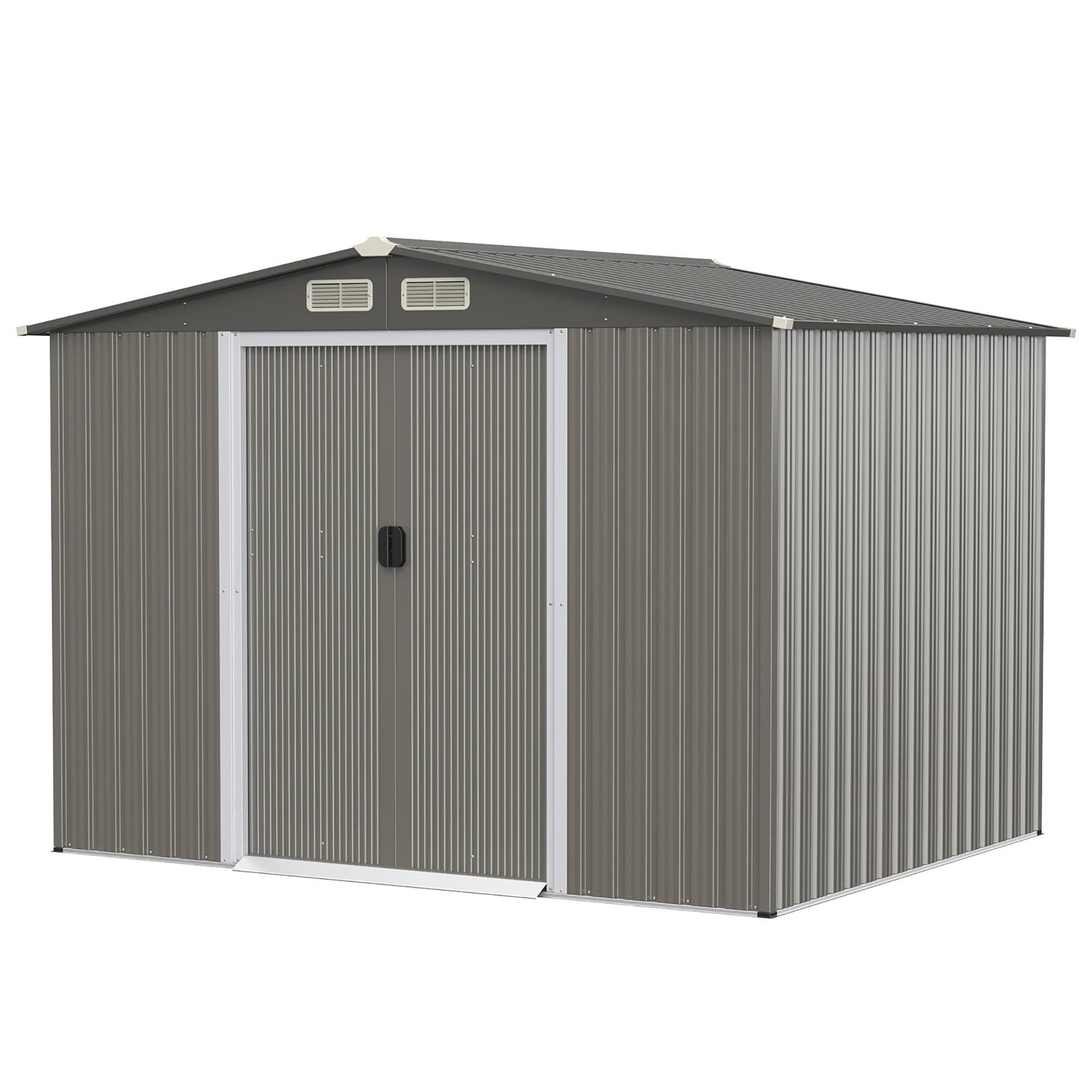 Costway - 8'x6' Outdoor Storage Shed Galvanized Steel Tool House Organizer for Garden Yard - Light Gray