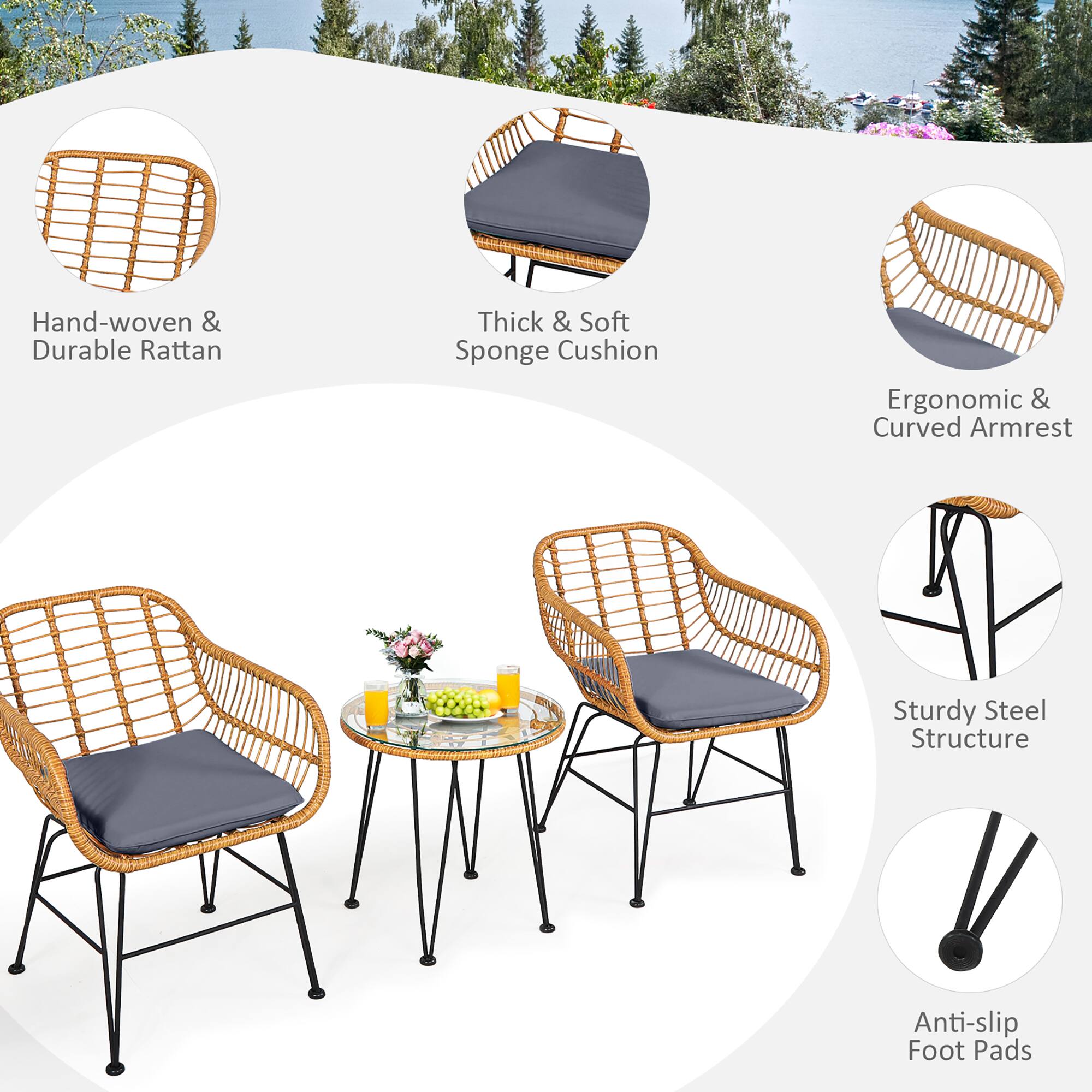 Hand-woven & Durable Rattan, Thick & Soft Sponge Cushion, Ergonomic & Curved Armrest, Sturdy Steel Structure, Anti-slip Foot Pads