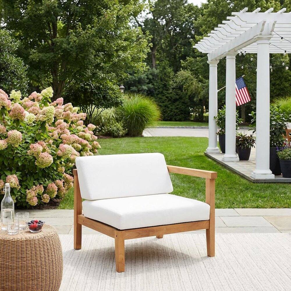 Left. Outdoor Escape - Outdoor Patio Teak Wood Right-Arm Lounge Chair With Comfortable Armrest - White.