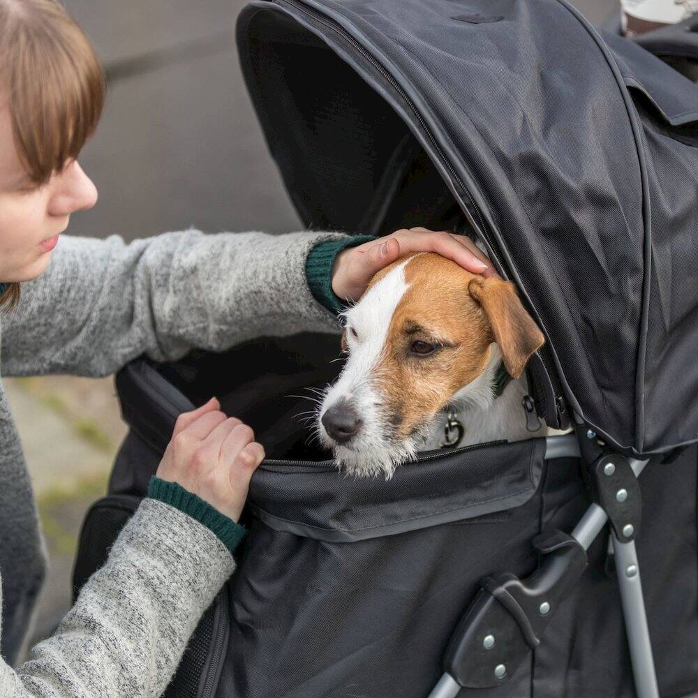 Angle. TRIXIE - 3-Wheeled Foldable Dog & Cat Stroller with Canopy and Storage Compartments - Black.
