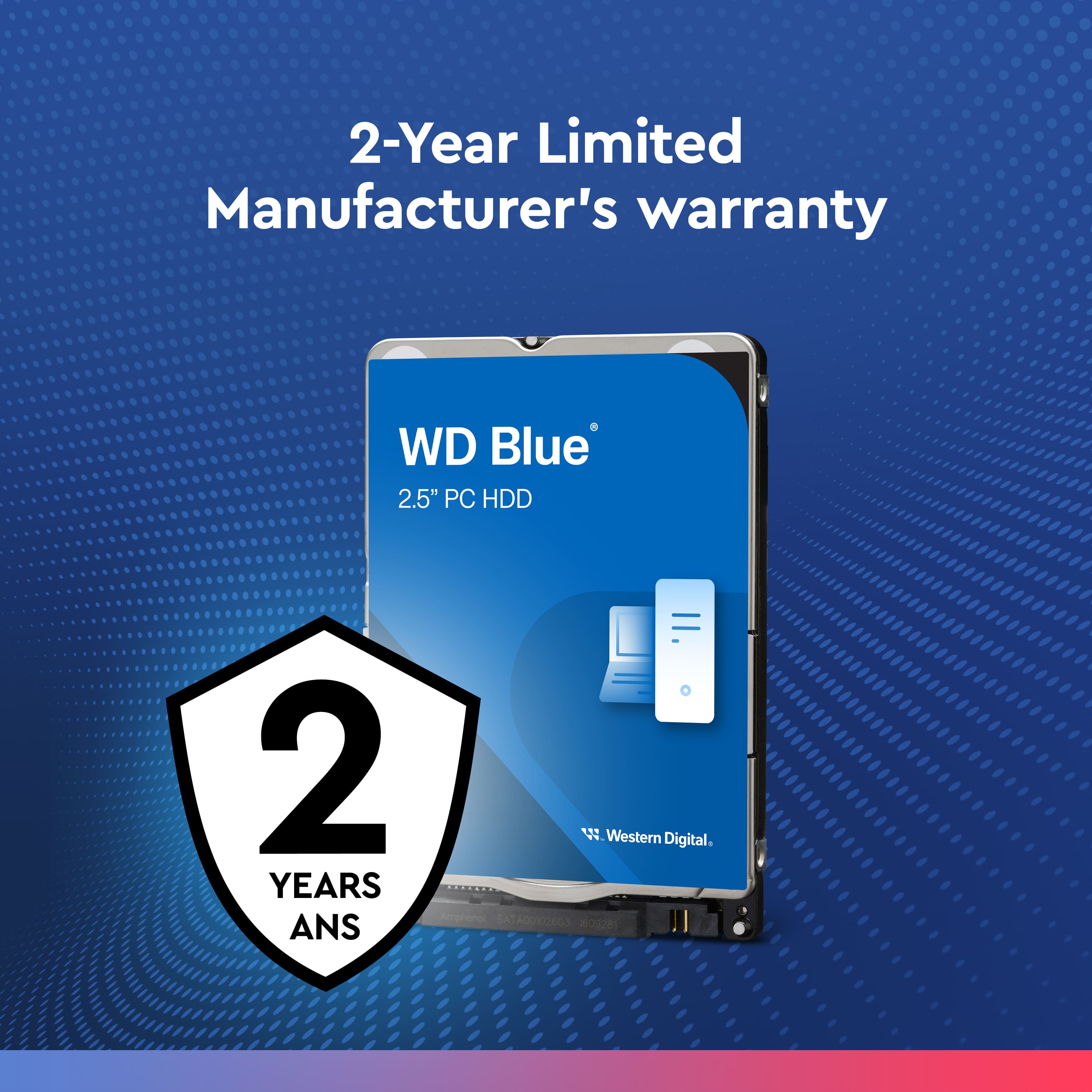 The text on the image reads: "2-Year Limited Manufacturer's Warranty WD Blue 2.5" PC HDD 2 YEARS ANS W Western Digital."