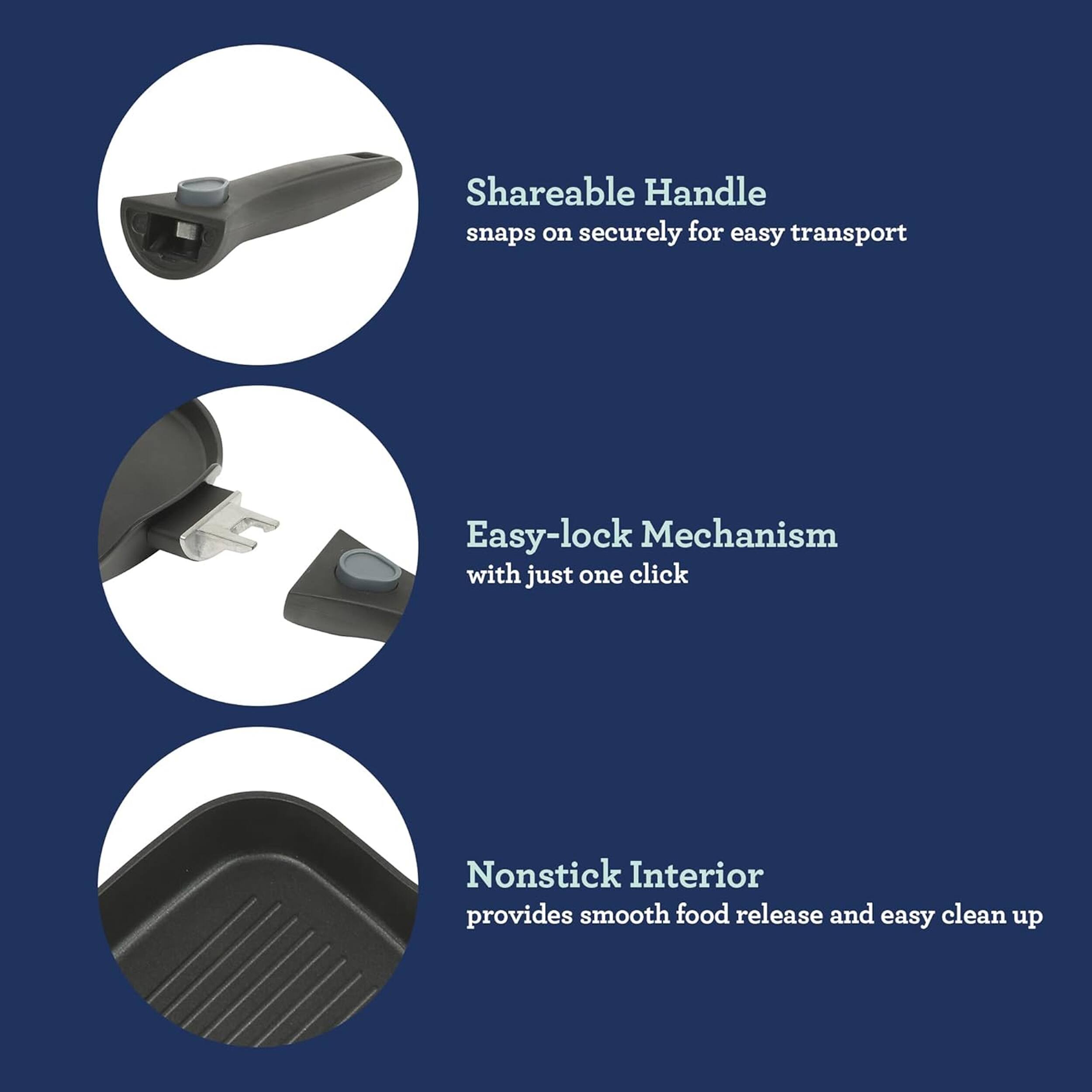 Shareable Handle snaps on securely for easy transport  
Easy-lock Mechanism with just one click  
Nonstick Interior provides smooth food release and easy clean up