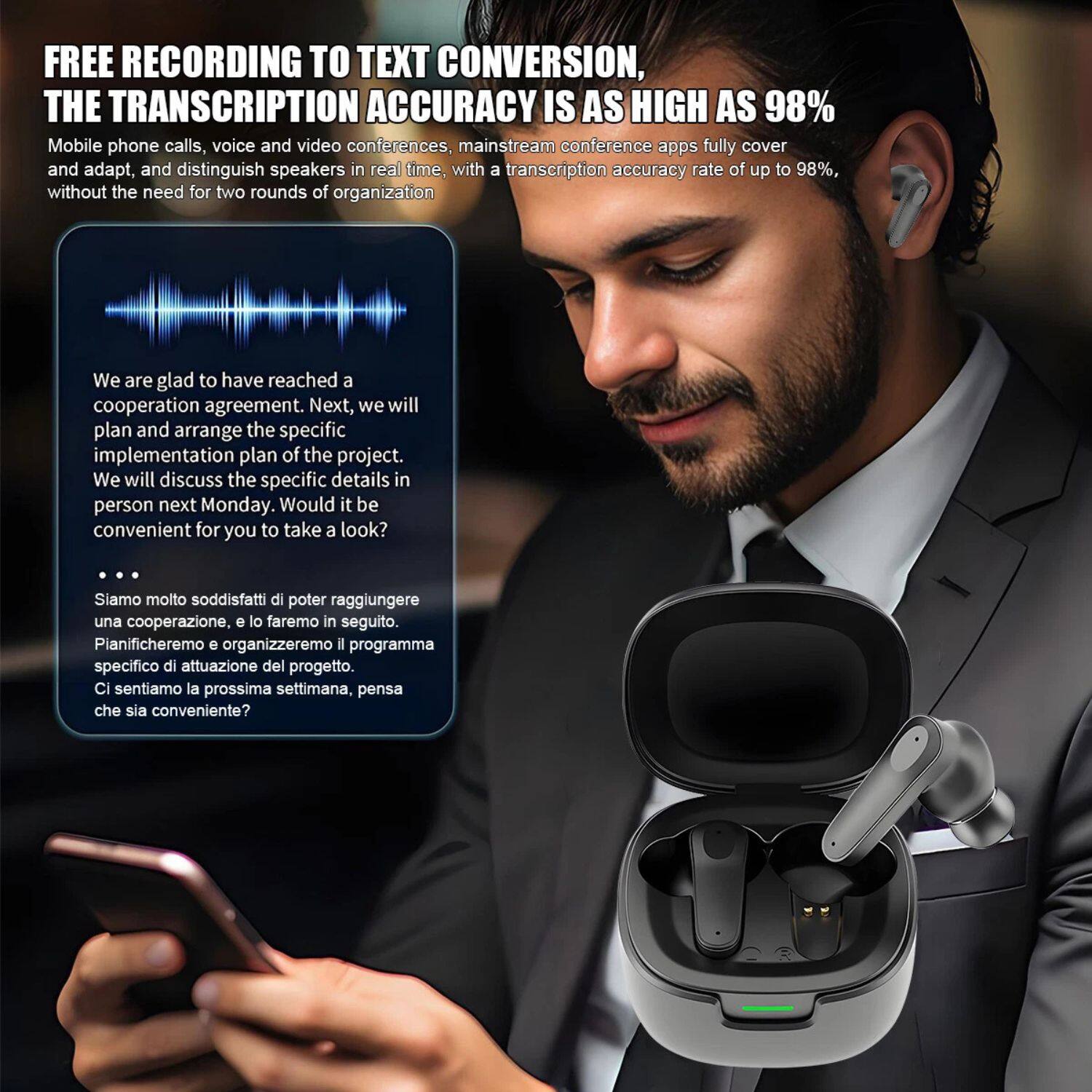 **FREE RECORDING TO TEXT CONVERSION, THE TRANSCRIPTION ACCURACY IS AS HIGH AS 98%**

Mobile phone calls, voice and video conferences, mainstream conference apps fully cover and adapt, and distinguish speakers in real time, with a transcription accuracy rate of up to 98%, without the need for two rounds of organization.

---

We are glad to have reached a cooperation agreement. Next, we will plan and arrange the specific implementation plan of the project. We will discuss the specific details in person next Monday. Would it be convenient for you to take a look?

---

Siamo molto soddisfatti di poter raggiungere una cooperazione, e lo faremo in seguito. Pianificheremo e organizzeremo il programma specifico di attuazione del progetto. Ci sentiamo la prossima settimana, pensa che sia conveniente?