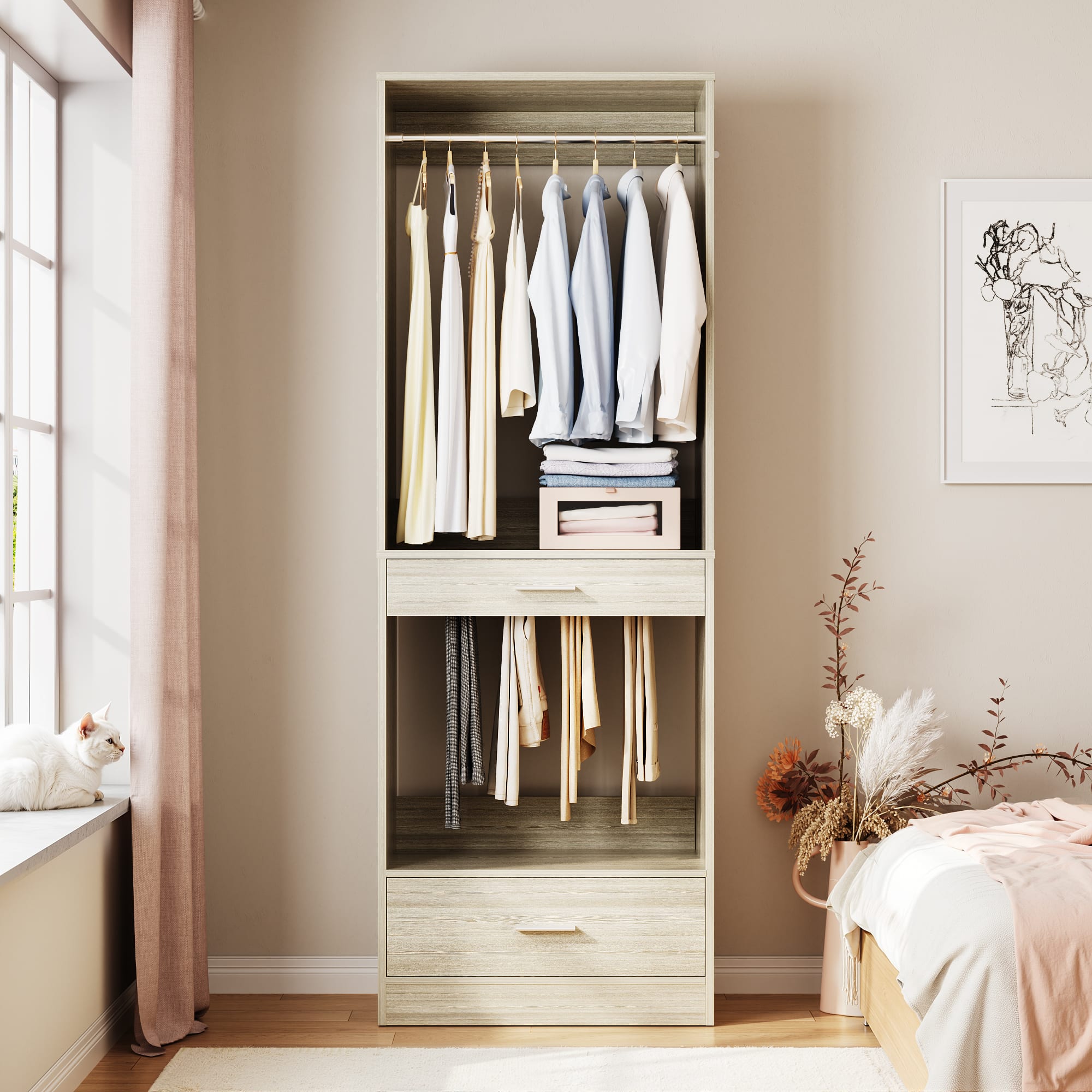 Aheaplus - Walk-in Hanging Closet System, 23.6'' Wide Closet Organizer with 2 Hanging Rods, Pant Rack, and Drawer - Beige Oak