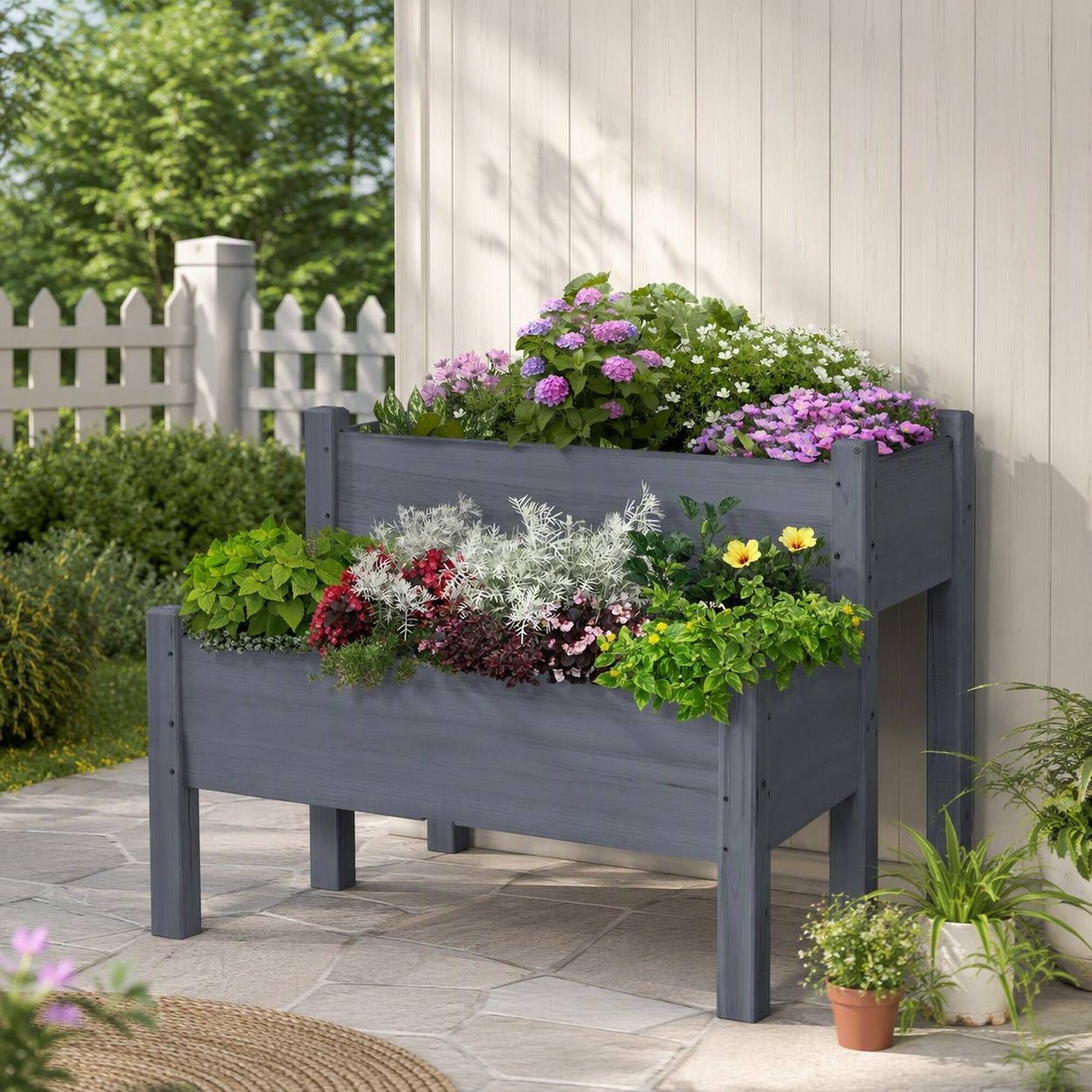 Back. RYHNUYNE - Raised Garden Bed 2-Tier Elevated Wood Planter Box for Patio Backyard to Grow Vegetables Herbs Flowers Gray - Gray.