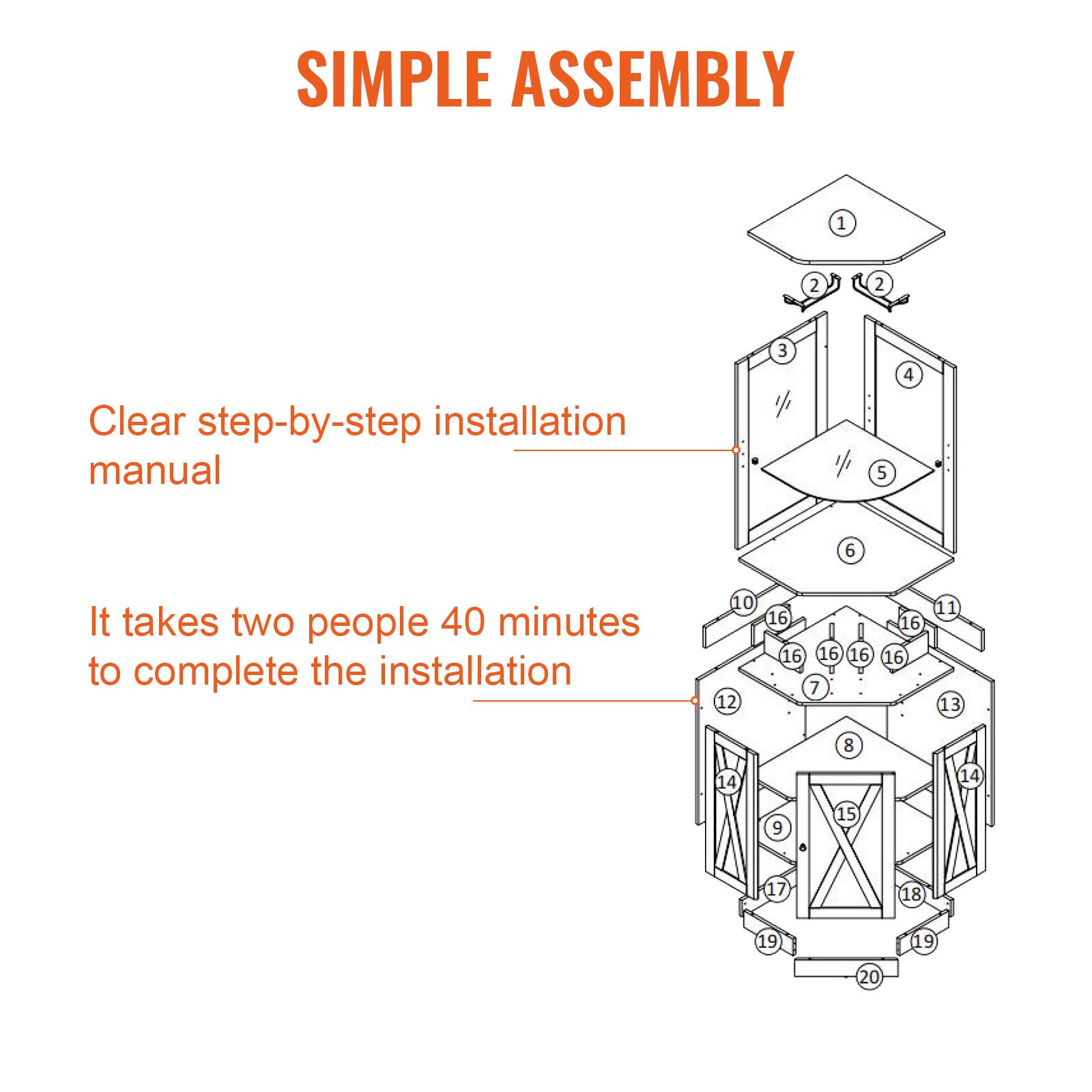 SIMPLE ASSEMBLY

1 2 2
Clear step-by-step installation manual
3 5 4 6
It takes two people 40 minutes to complete the installation
0 12 16 16 5 16 16 7 16 16 1 13 8 4 14 9 15 17 18 19 19 20