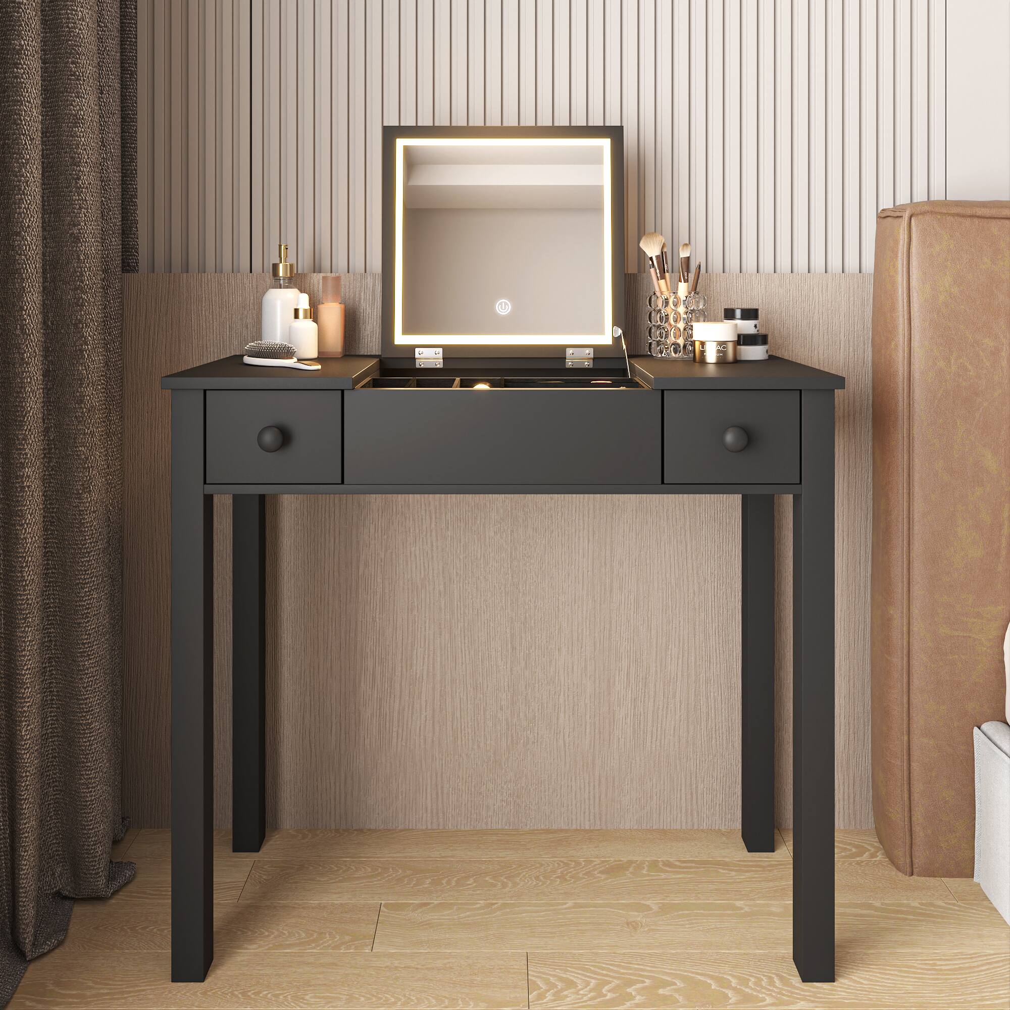 Alt View 1. Ecooso - Multifunctional Makeup Vanity Desk with Flip-top Mirror, Adjustable Lighting, Drawers and Organizer Boxes for Bedroom - Black.