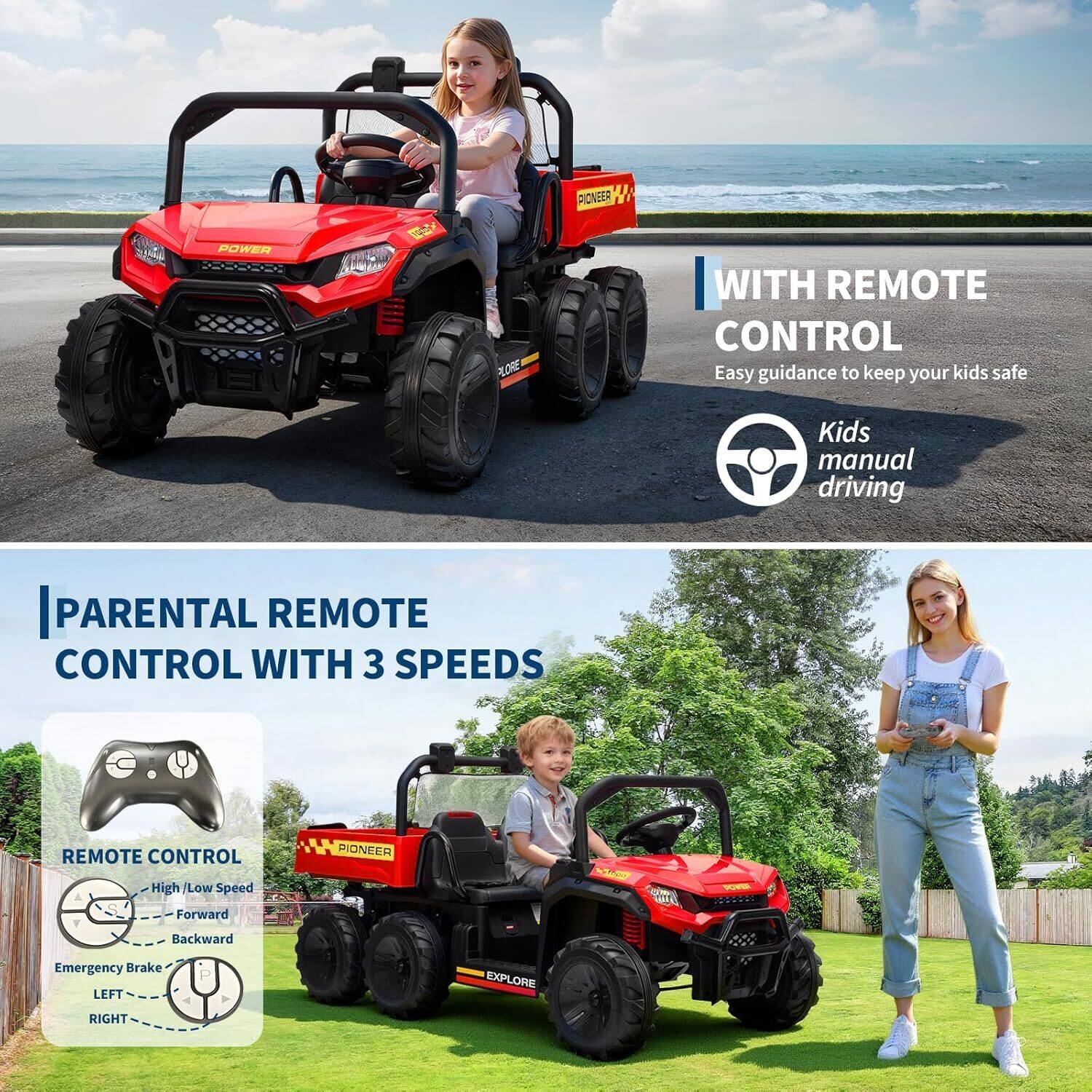 **POWER PIONEER**

**WITH REMOTE CONTROL**  
Easy guidance to keep your kids safe  
Kids manual driving

**PARENTAL REMOTE CONTROL WITH 3 SPEEDS**

**REMOTE CONTROL**  
- High / Low Speed  
- Forward  
- Backward  
- Emergency Brake  
- LEFT  
- RIGHT