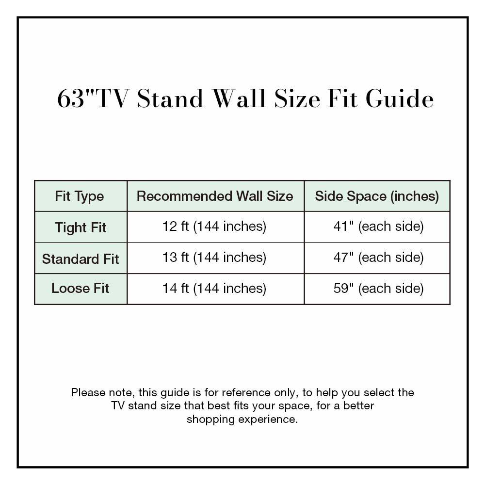 63" TV Stand Wall Size Fit Guide

| Fit Type | Recommended Wall Size | Side Space (inches) |
|----------|----------------------|--------------------|
| Tight Fit | 12 ft (144 inches)    | 41" (each side)     |
| Standard Fit | 13 ft (144 inches)    | 47" (each side)     |
| Loose Fit | 14 ft (144 inches)    | 59" (each side)     |

Please note, this guide is for reference only, to help you select the TV stand size that best fits your space, for a better shopping experience.