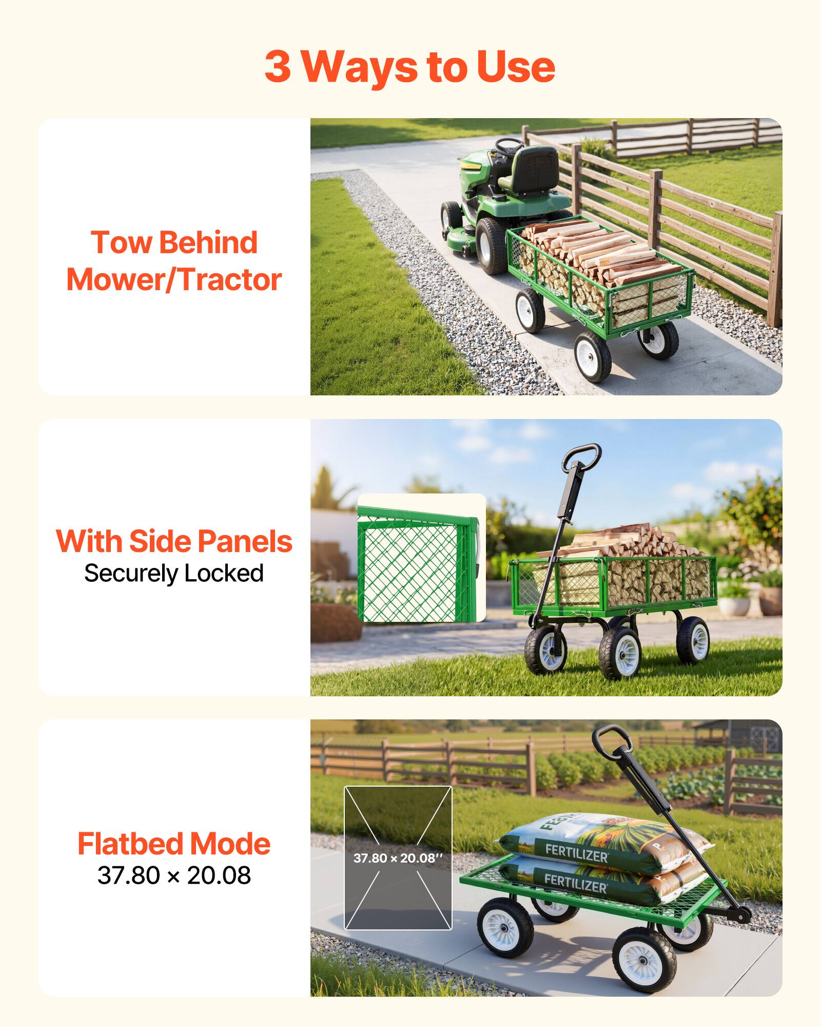 3 Ways to Use

1. Tow Behind Mower/Tractor
2. With Side Panels Securely Locked
3. Flatbed Mode 37.80 x 20.08"