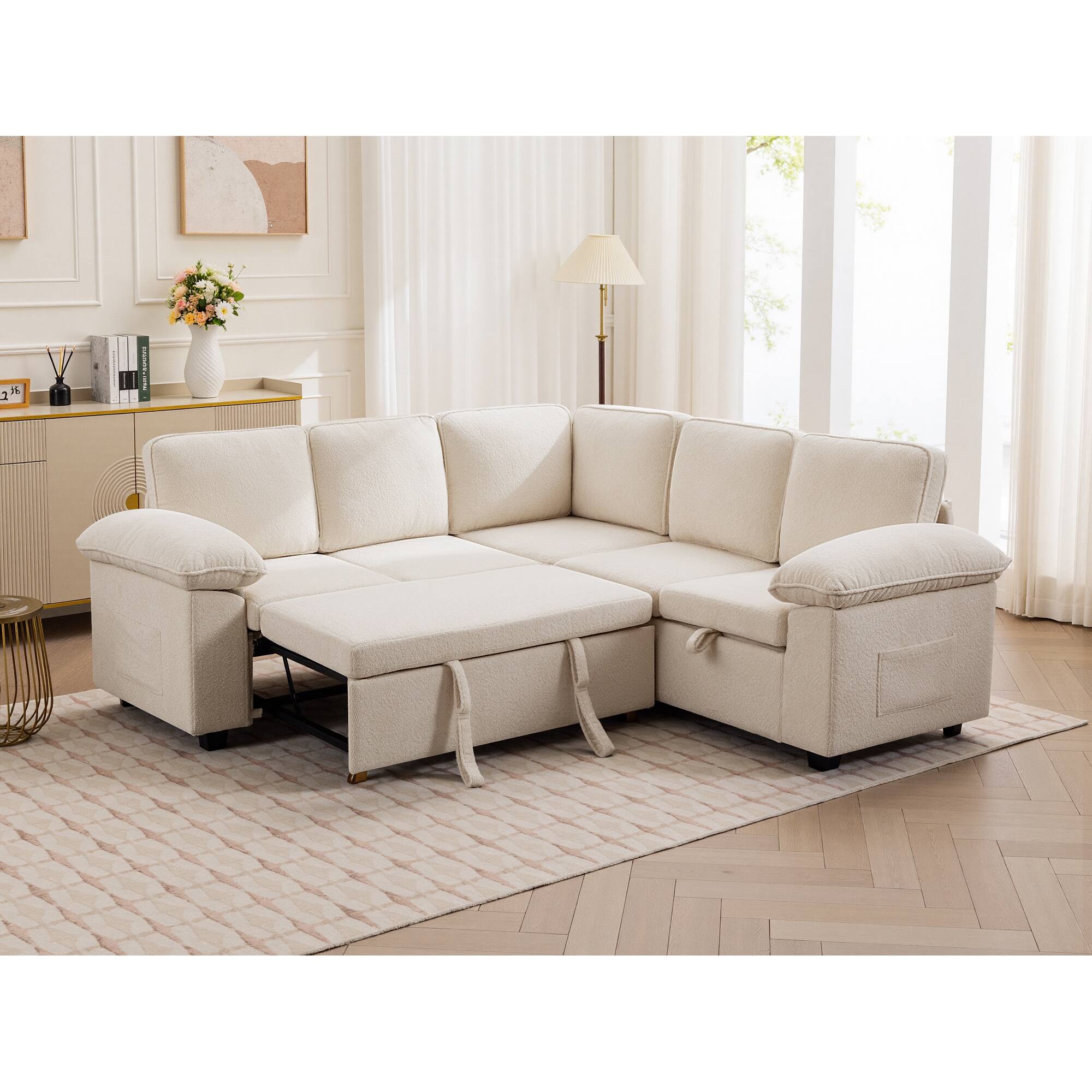 Alt View 1. KERDOM - Oversized Pullout Sofa Couch with Storage Ottoman, Side Pocket, Washable Covers, Sectional Sofa Bed Free Combination - White-C.