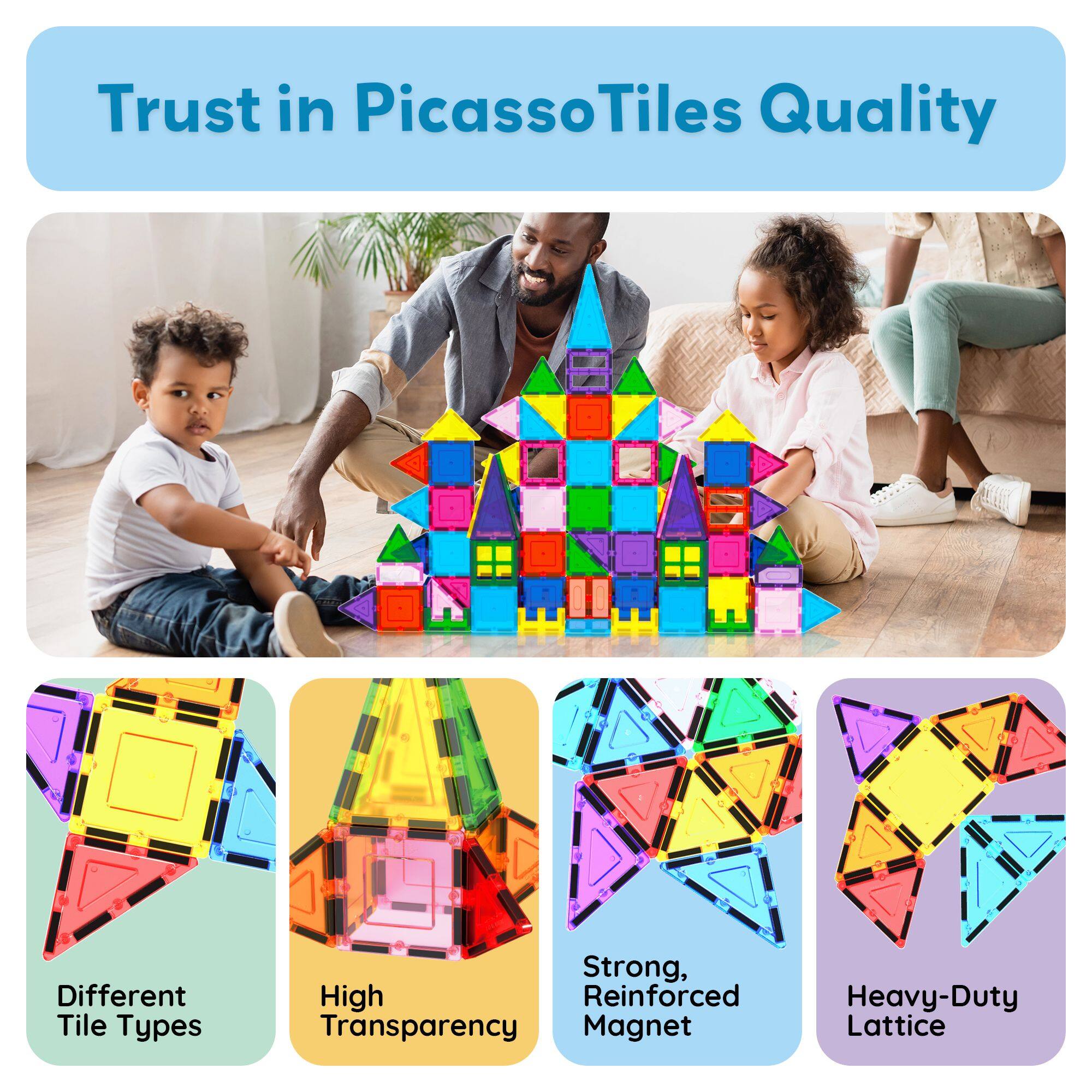Trust in PicassoTiles Quality - Different Tile Types, High Transparency, Strong, Reinforced Magnet, Heavy-Duty Lattice