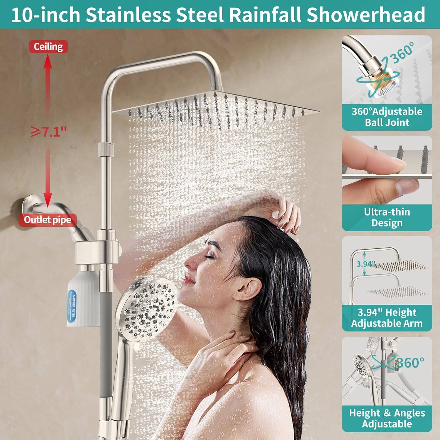 10-inch Stainless Steel Rainfall Showerhead Ceiling 2 360 7.1" 360 360 Adjustable Ball Joint Outlet pipe Ultra-thin Design 3.94" I 2 3.94" Height Adjustable Arm 1360 Height & Angles Adjustable