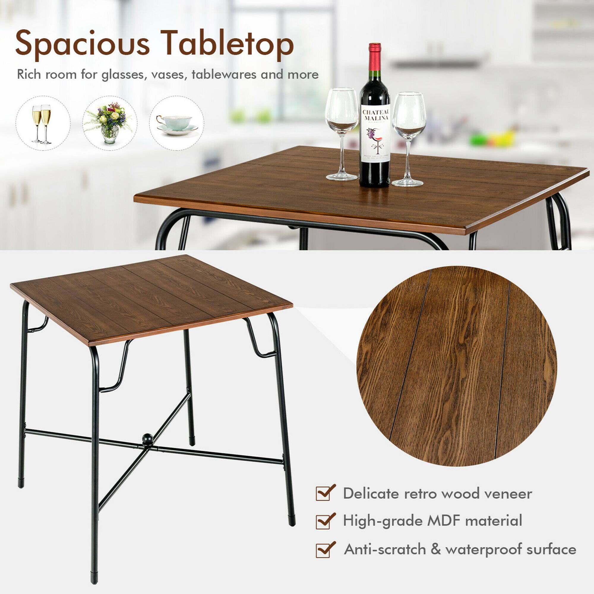 Spacious Tabletop Rich room for glasses, vases, tablewares and more. Chateau Malin wine bottle and glasses on top. Delicate retro wood veneer. High-grade MDF material. Anti-scratch & waterproof surface.