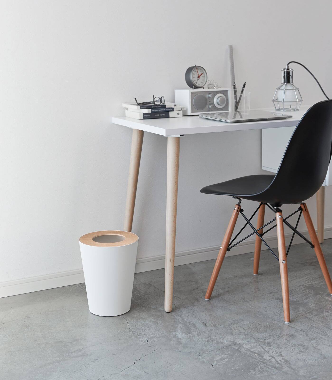 Left. Yamazaki Home - Trash Can - Round - Steel + Wood - White.