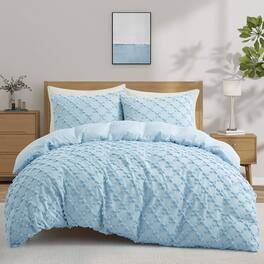 Peace Nest - Microfiber Tufted Clipped Duvet Cover Set with Stripe Pattern - Cross Blue