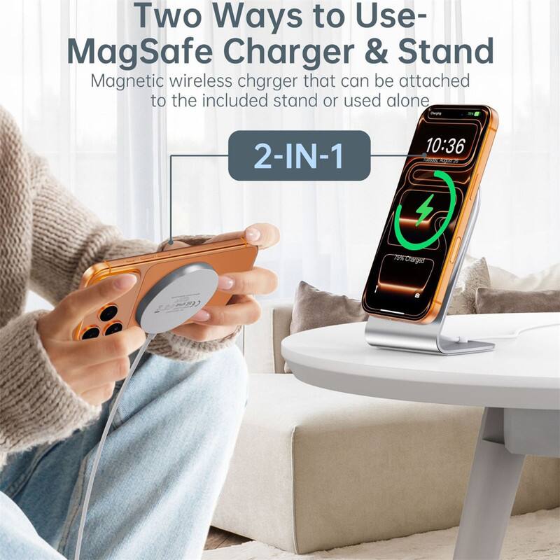 Two Ways to Use- MagSafe Charger & Stand  
Magnetic wireless charger that can be attached to the included stand or used alone  
2-IN-1  
10:36  
75% charged