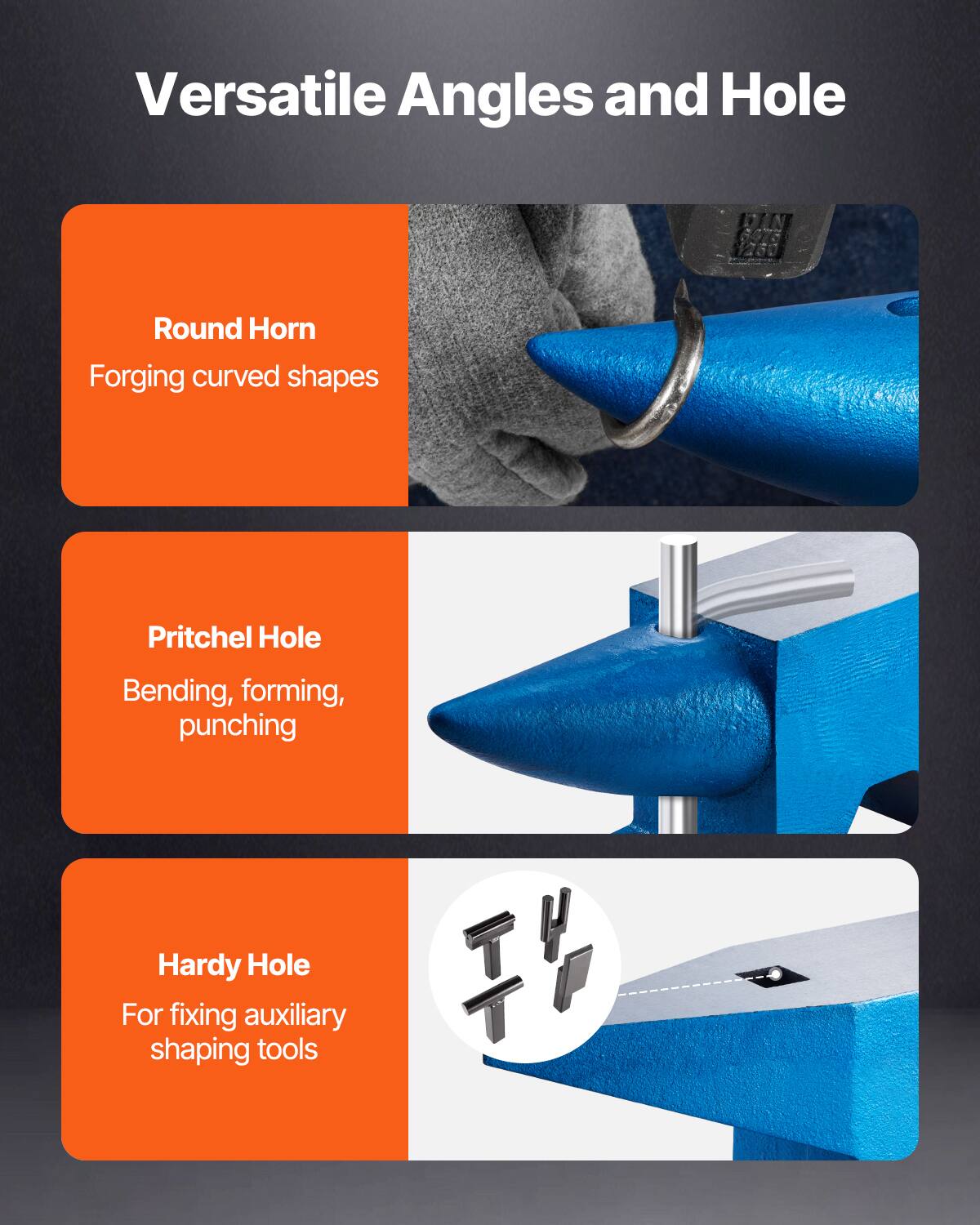 Versatile Angles and Hole

- Round Horn
  - Forging curved shapes

- Pritchel Hole
  - Bending, forming, punching

- Hardy Hole
  - For fixing auxiliary shaping tools