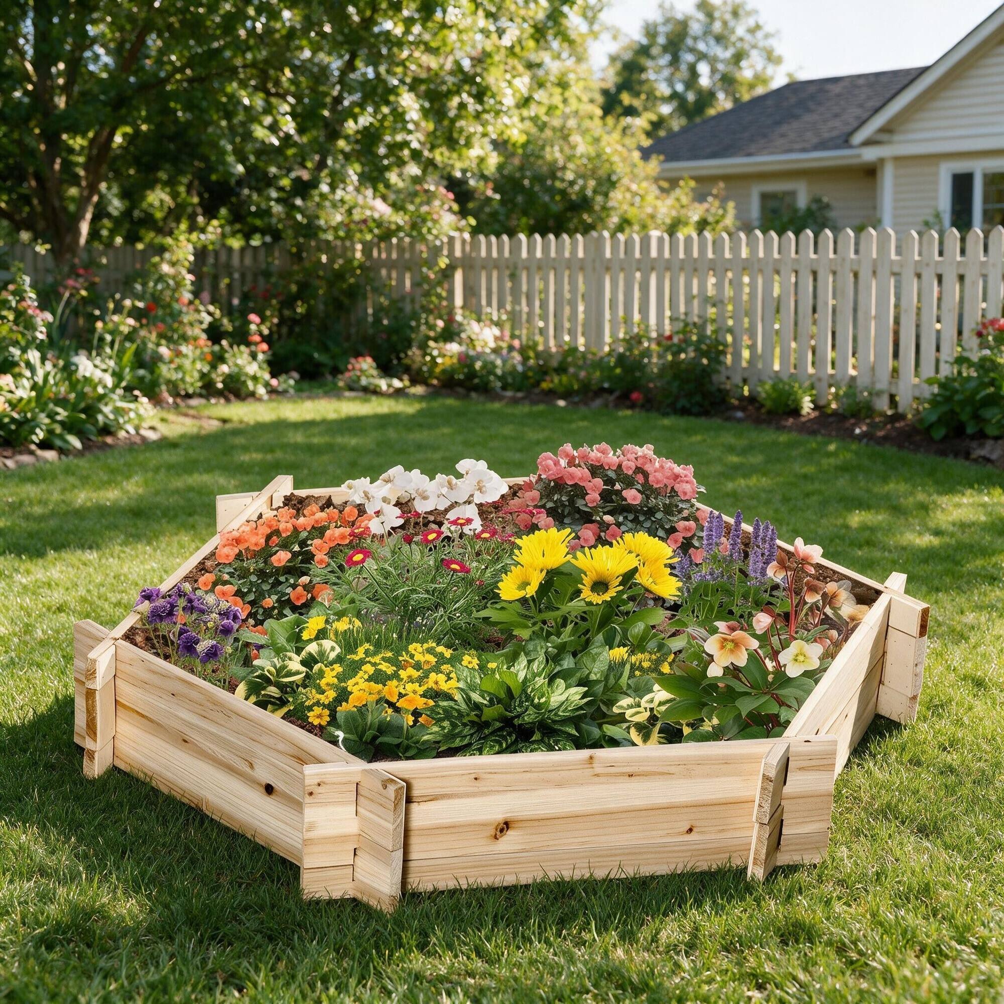 Alt View 2. RYHNUYNE - Hexagonal Wooden Raised Garden Bed, Tool-Free Screwless Planter for Outdoor Vegetables, Flowers, Herbs, 39.25 x 36. - Natural.