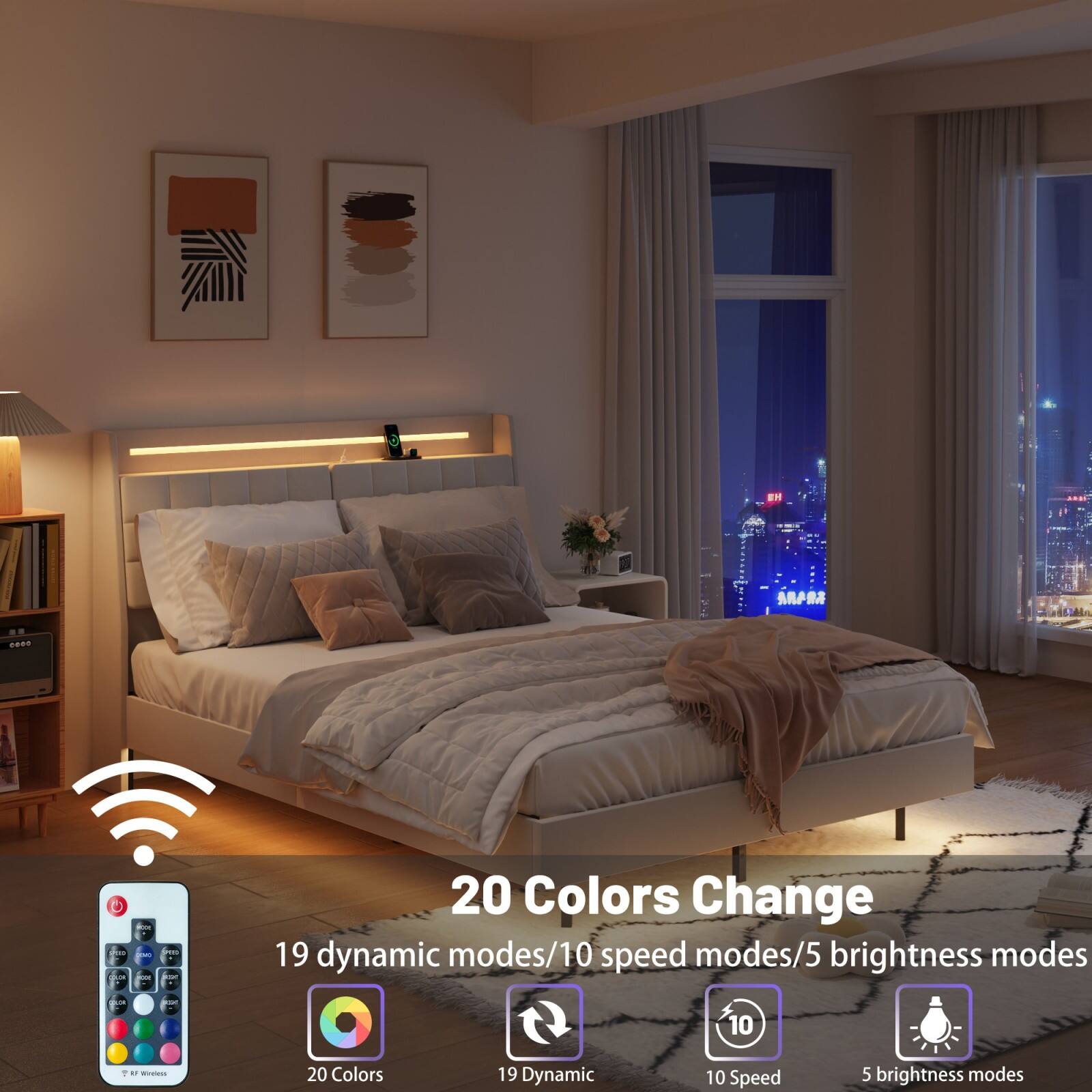 20 Colors Change  
19 dynamic modes/10 speed modes/5 brightness modes  

20 Colors  
19 Dynamic  
10 Speed  
5 brightness modes