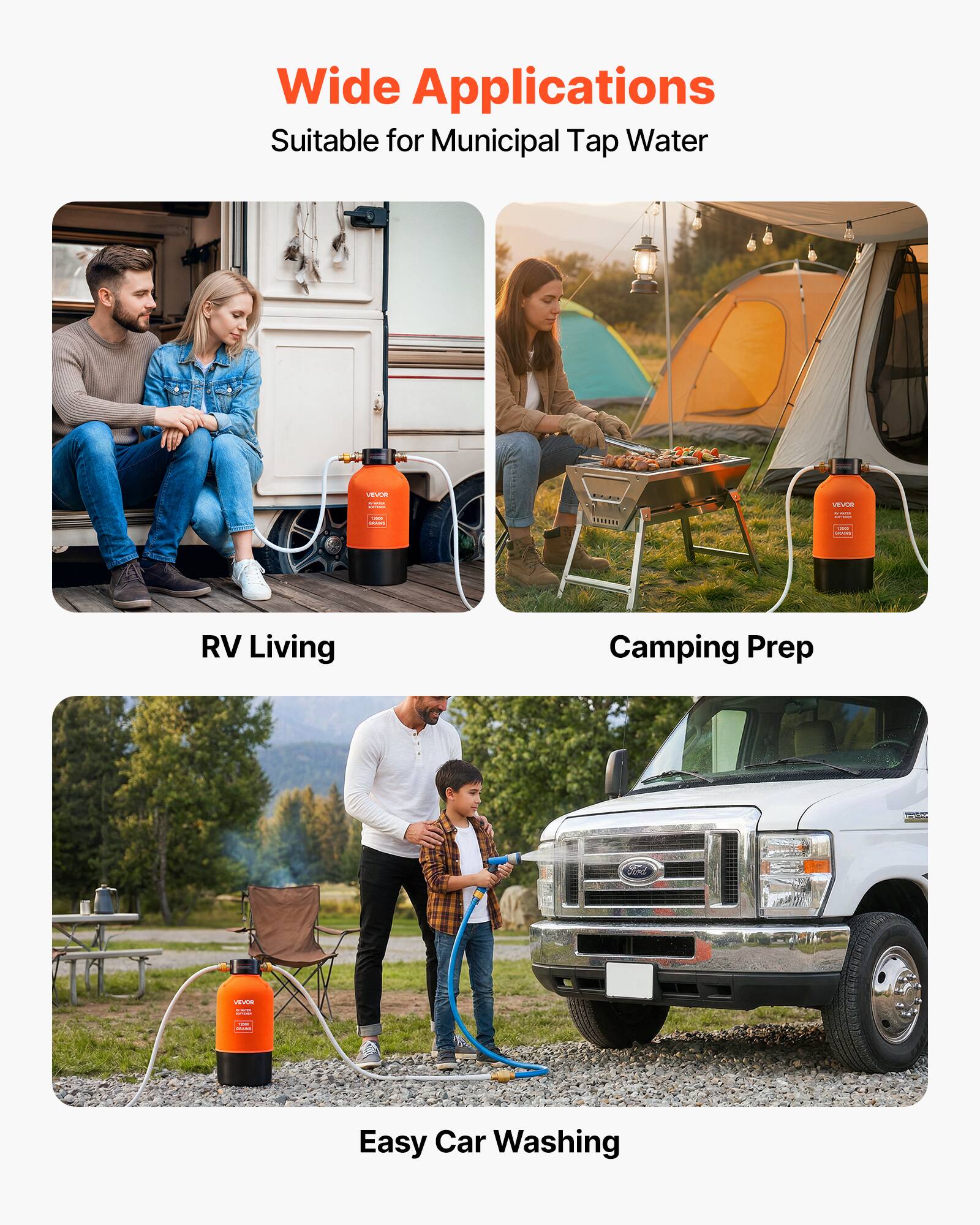 Wide Applications  
Suitable for Municipal Tap Water  

- RV Living  
- Camping Prep  
- Easy Car Washing