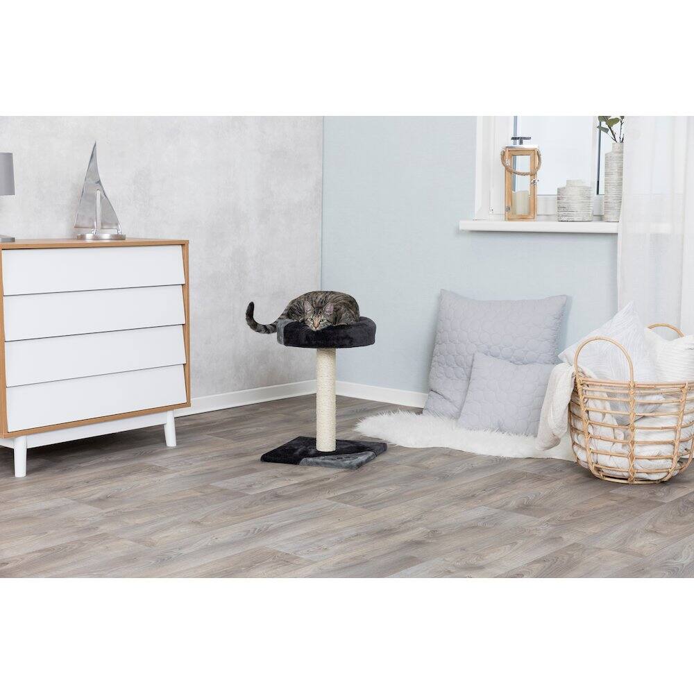 Left. TRIXIE - Junior Tarifa  Plush & Sisal 20.5" Scratching Post with Padded Platform - Gray.