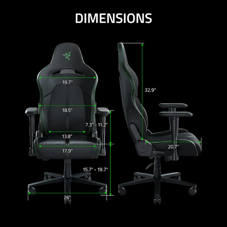 El texto de la imagen dice "DIMENSIONES 19,7" 32,9" 18,5" 7,3" - 11,2 oe 13,8" 17,9" 20,7" 15,70 - 19,7" - 26 0O" Este texto describe las dimensiones de una silla y una silla de oficina. Las dimensiones de la silla son 19,7" (50,1 cm) de ancho, 32,9" (83,6 cm) de alto y 18,5" (46,9 cm) de profundidad. Las dimensiones de la silla de oficina son 13,8" (35,1 cm) de ancho, 17,9" (45,5 cm) de alto y 20,7" (52,6 cm) de profundidad.