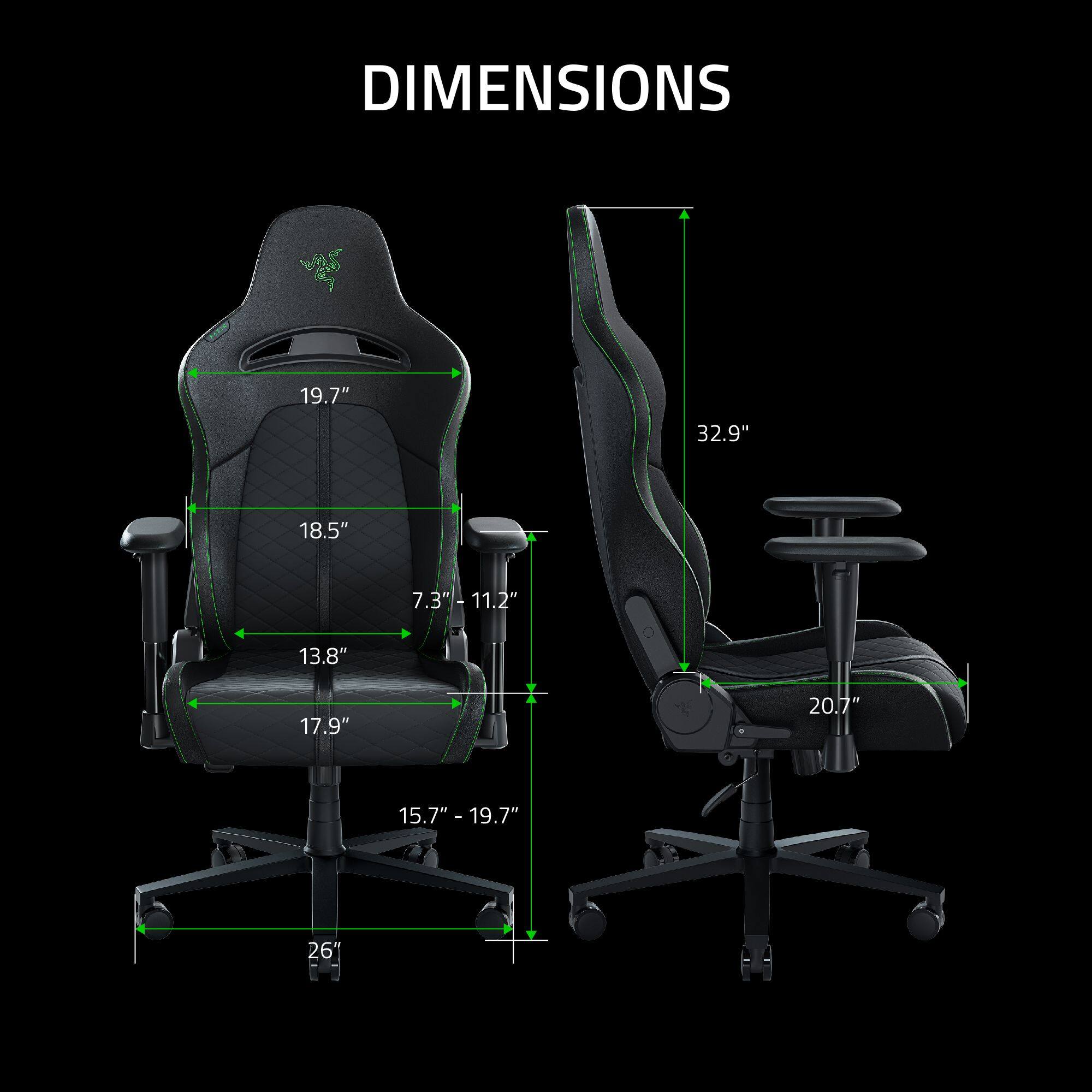 The text on the image reads "DIMENSIONS 19.7" 32.9" 18.5" 7.3" - 11.2 oe 13.8" 17.9" 20.7" 15.70 - 19.7" - 26 0O." This text is describing the dimensions of a chair and an office chair. The chair dimensions are 19.7" (50.1 cm) in width, 32.9" (83.6 cm) in height, and 18.5" (46.9 cm) in depth. The office chair dimensions are 13.8" (35.1 cm) in width, 17.9" (45.5 cm) in height, and 20.7" (52.6 cm) in depth.