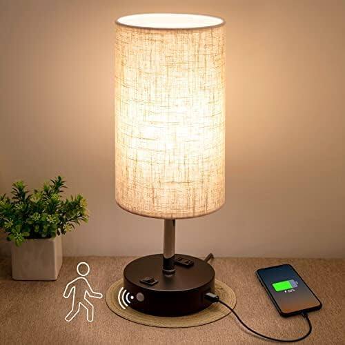 Stamp n Camp - Table Lamps with Motion Sensor and Constant on Two Modes USB Lamp with Warm Bulb Fabric Shade Built-in USB Port & AC - Cream