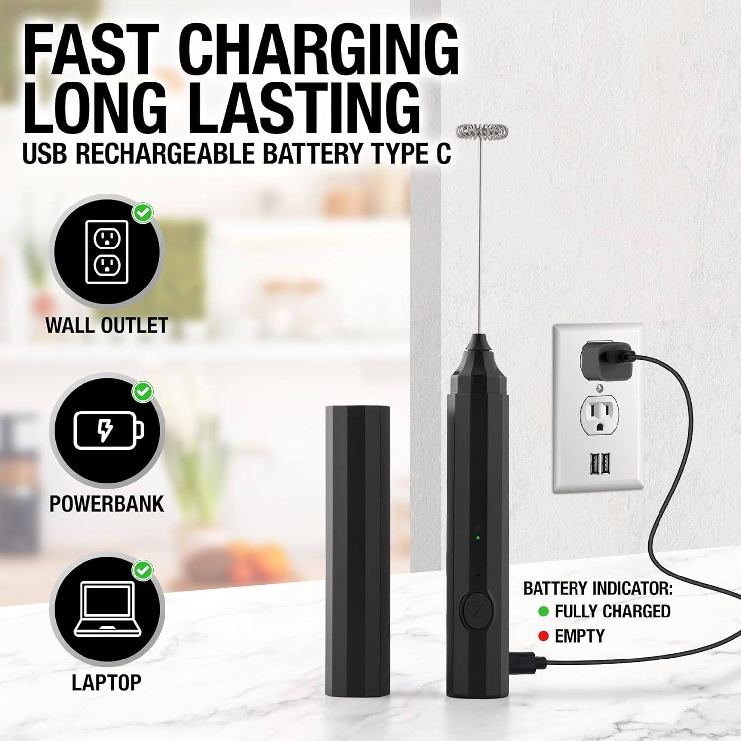 FAST CHARGING  
LONG LASTING  
USB RECHARGEABLE BATTERY TYPE C  

WALL OUTLET  
POWERBANK  
LAPTOP  

BATTERY INDICATOR:  
• FULLY CHARGED  
• EMPTY