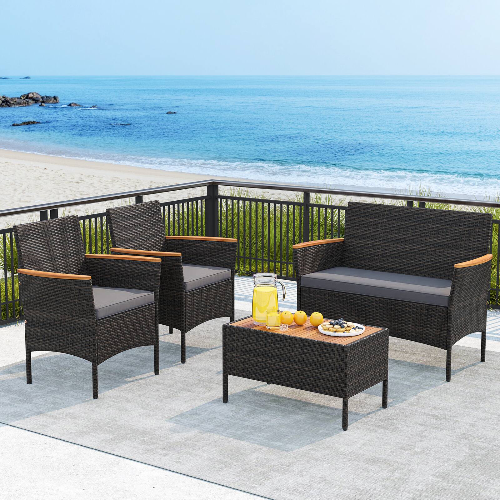 Alt View 7. Gymax - Gymax 8 PCS Patio Wicker Sofa Set w/ Coffee Table Acacia Wood Armrests & Tabletop Mix Brown & Gray - Gray.