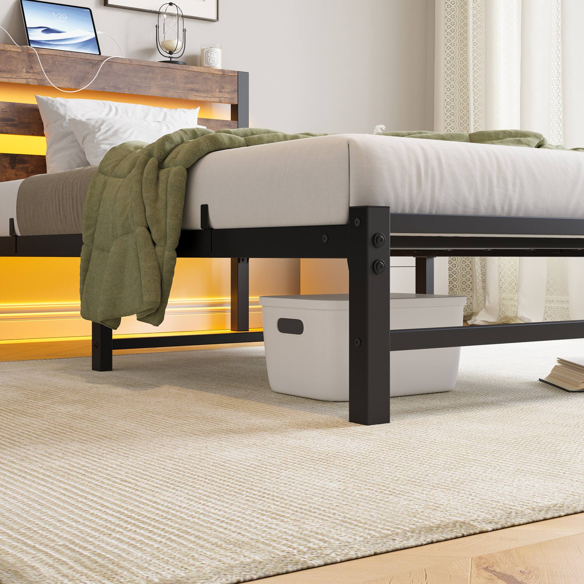 Alt View 7. GOODSILO - Heavy Duty Twin Size Platform Bed Frame with USB Charging, LED Lighting, and Under-Bed Storage - Beige+Brown.