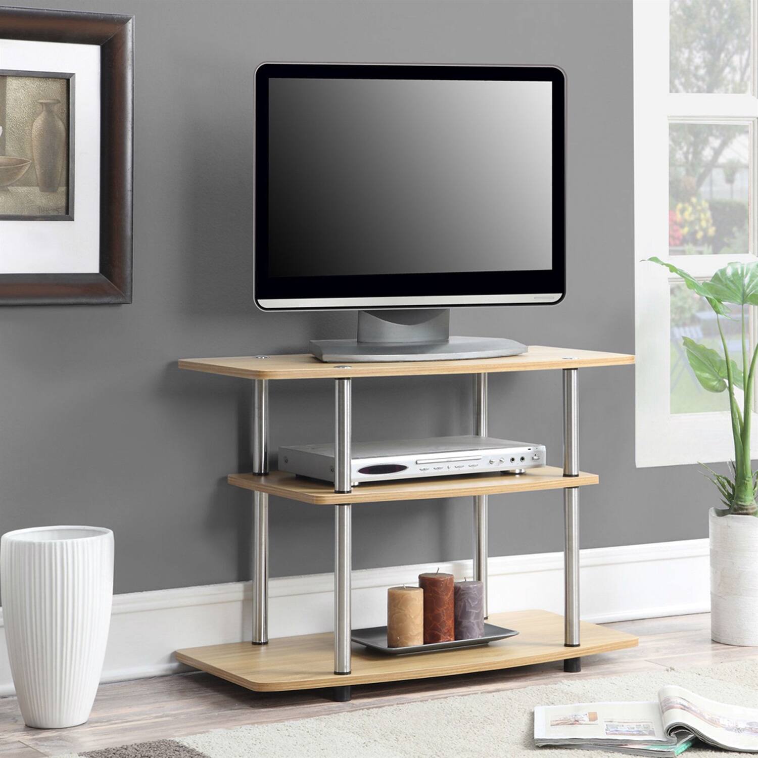 Front. Hivvago - Hivvago Modern TV Stand with Sturdy Stainless Steel Poles - Light Oak.