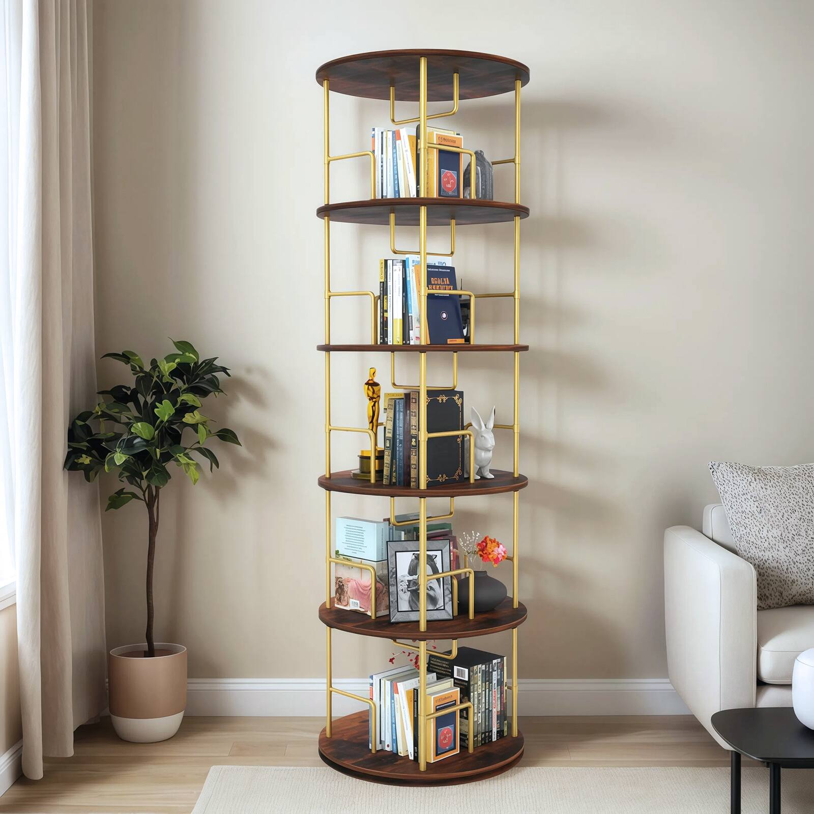 Alt View 10. Ecooso - 5 Tier Bookshelf, 360° Display Round Spinning Bookshelf, Space-Saving for Bedroom, Living Room,Office, Gold - Golden.