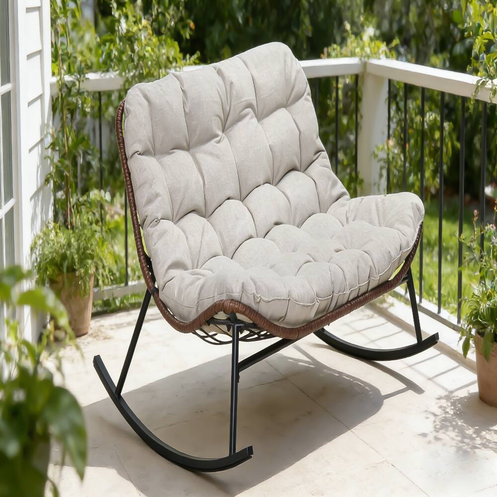 Alt View 5. Loheer - Loheer Double Wide Rocking Papasan Chair 2-Person Oversized Patio Lounge Chair with Cushions PE Rattan - Beige.