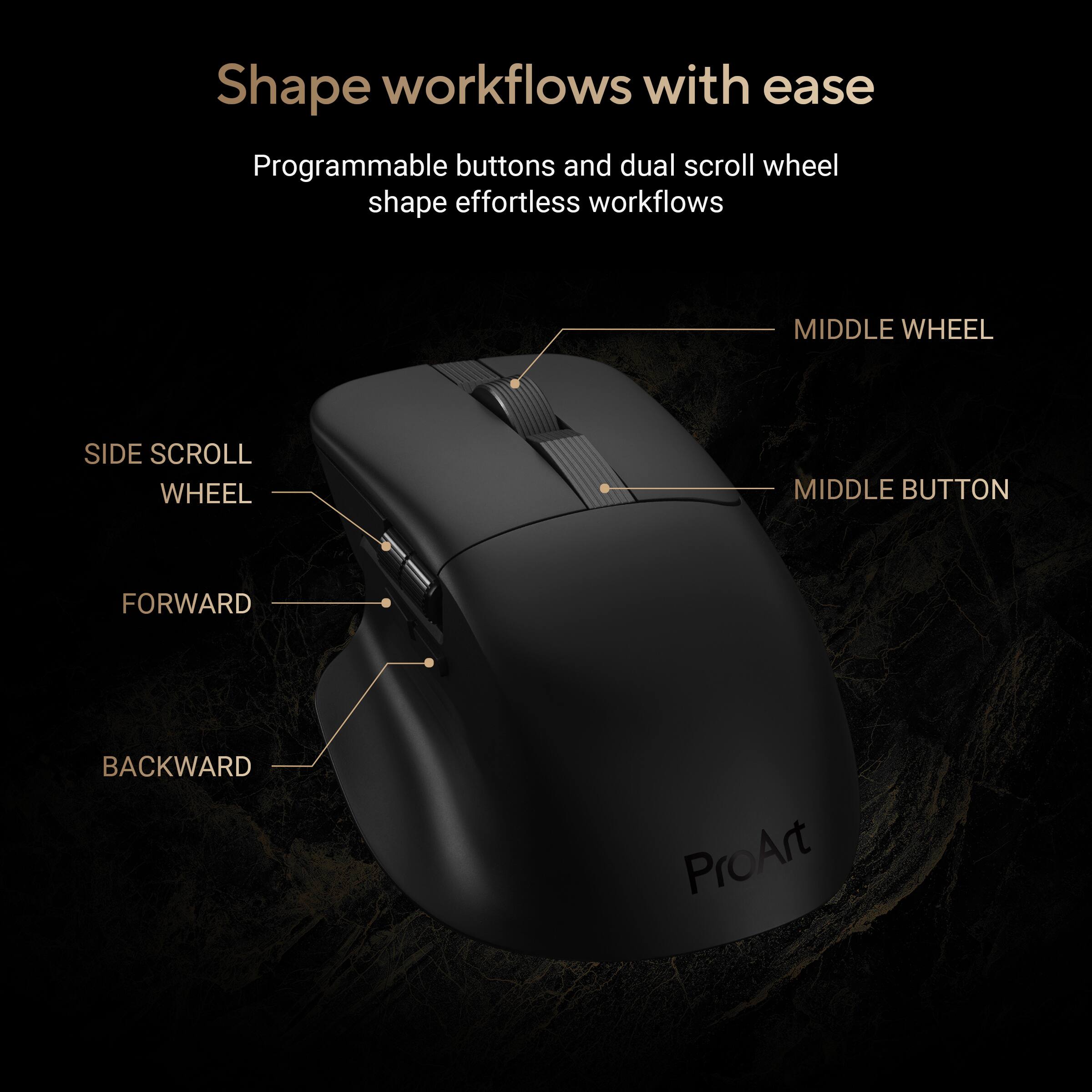 Shape workflows with ease

Programmable buttons and dual scroll wheel shape effortless workflows

- MIDDLE WHEEL
- SIDE SCROLL WHEEL
- MIDDLE BUTTON
- FORWARD
- BACKWARD

ProArt