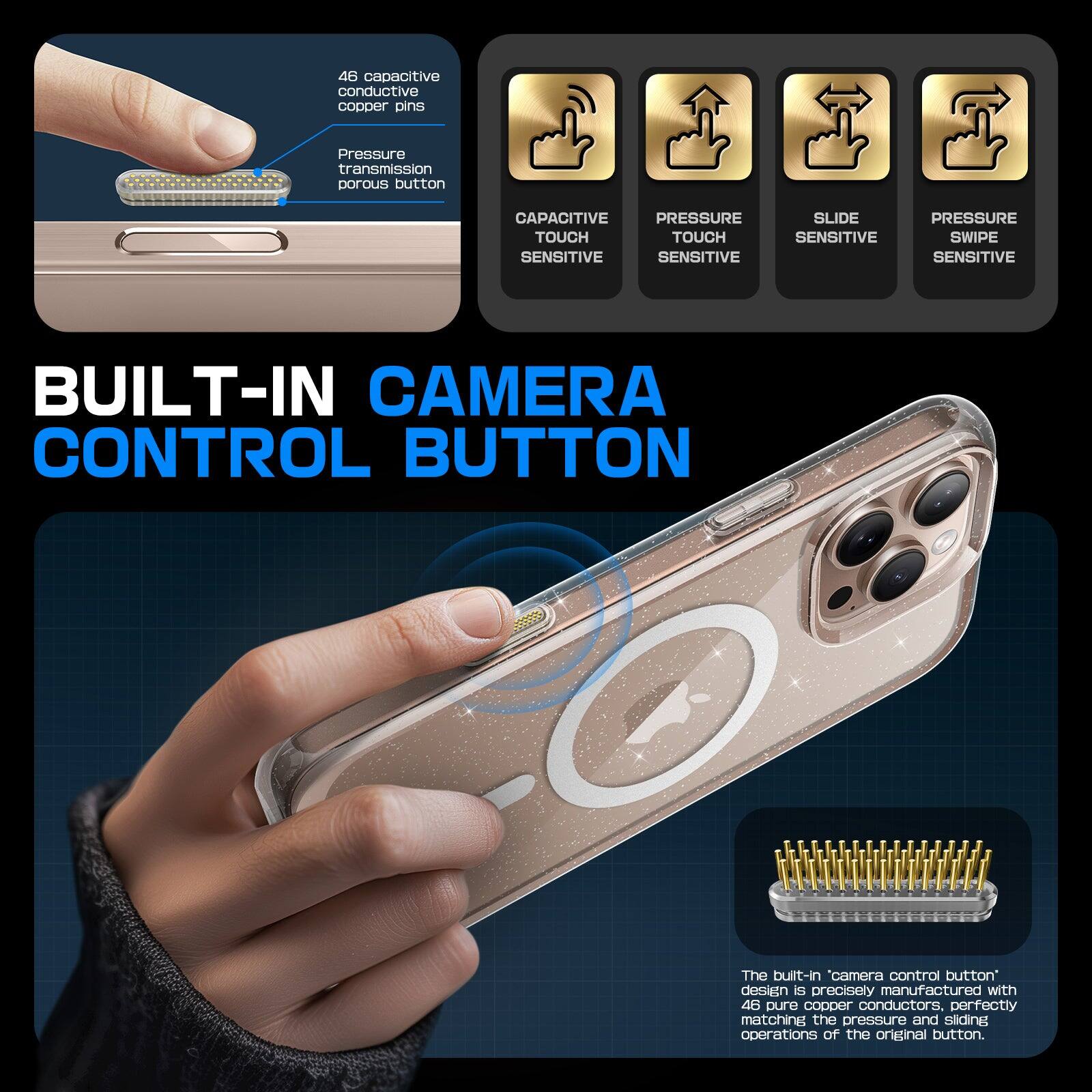 The built-in "camera control button" design is precisely manufactured with 46 pure copper conductors, perfectly matching the pressure and sliding operations of the original button.