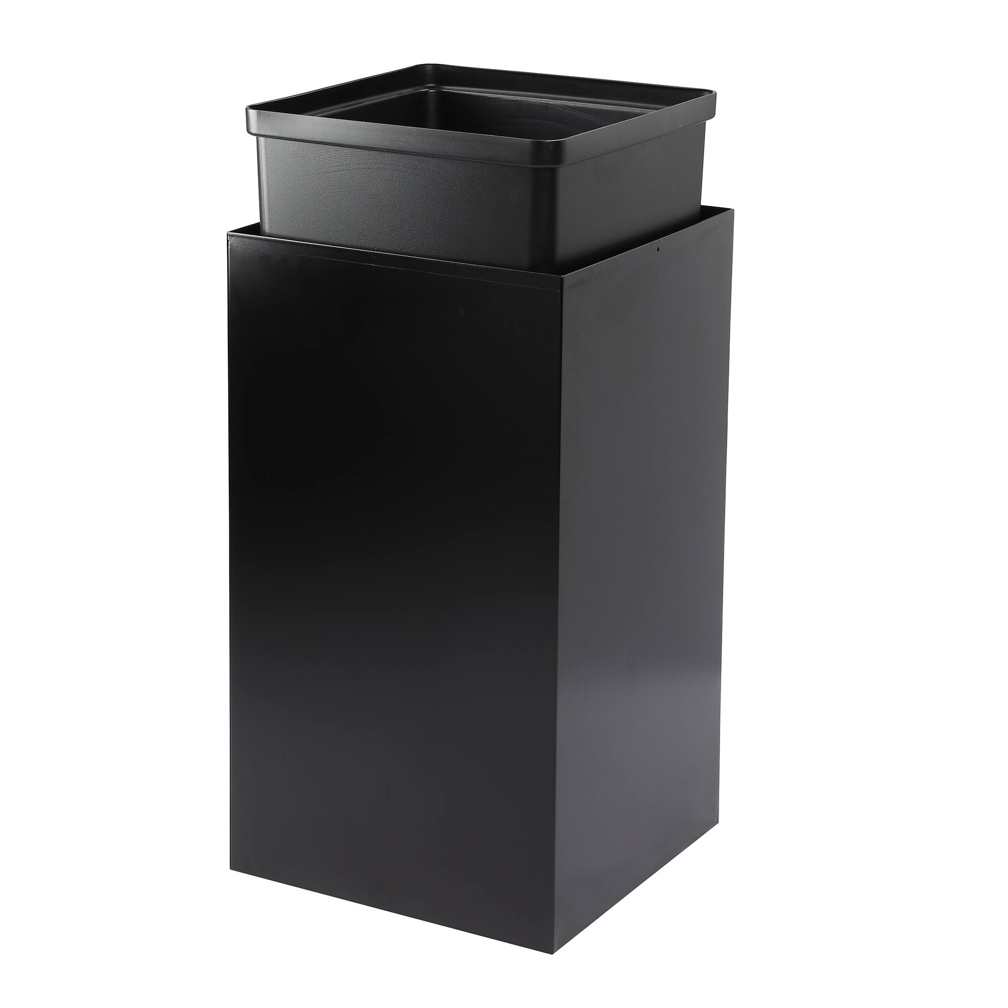 Angle. Alpine Industries - 29 Gallon Steel Open Top Recycling and Trash Set with Mixed Lids, 2-Pack - Black; Blue.