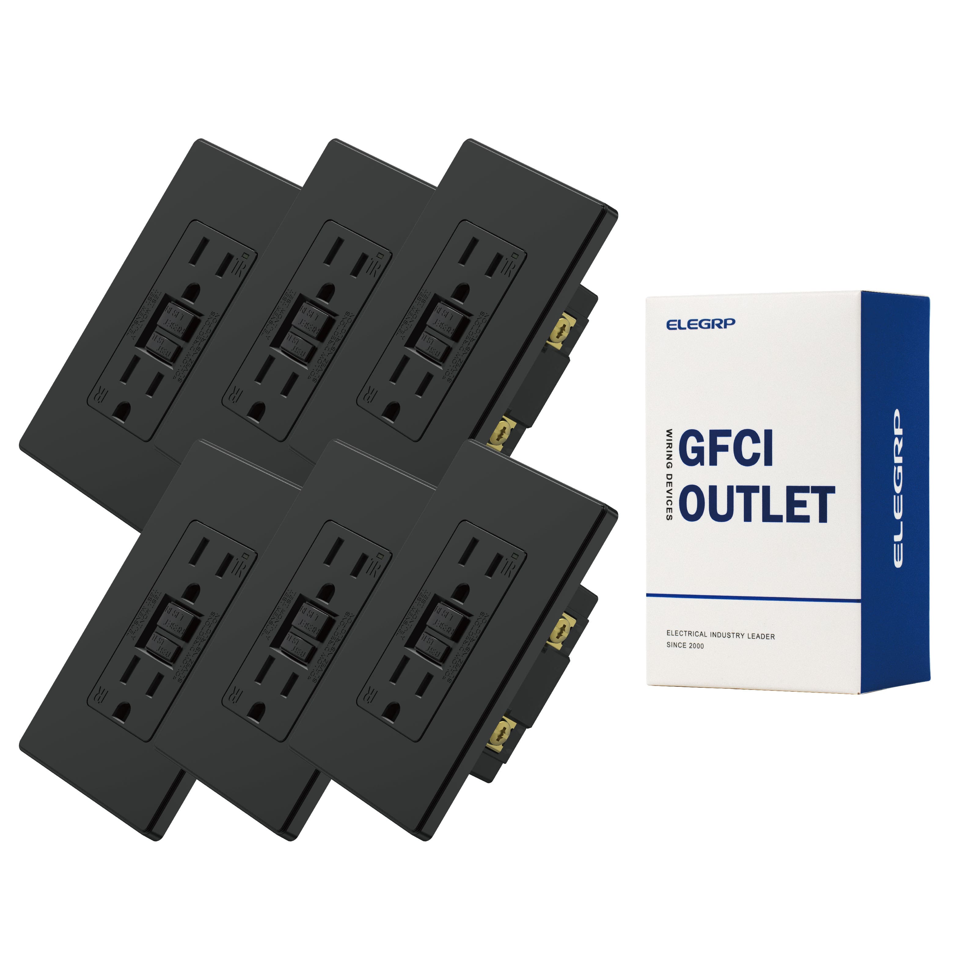 ELEGRP - GFCI Outlet 15A, Tamper Resistant GFCI Electrical Receptacle w/ Screwless Wall Plate, UL Listed, 6PC - Black
