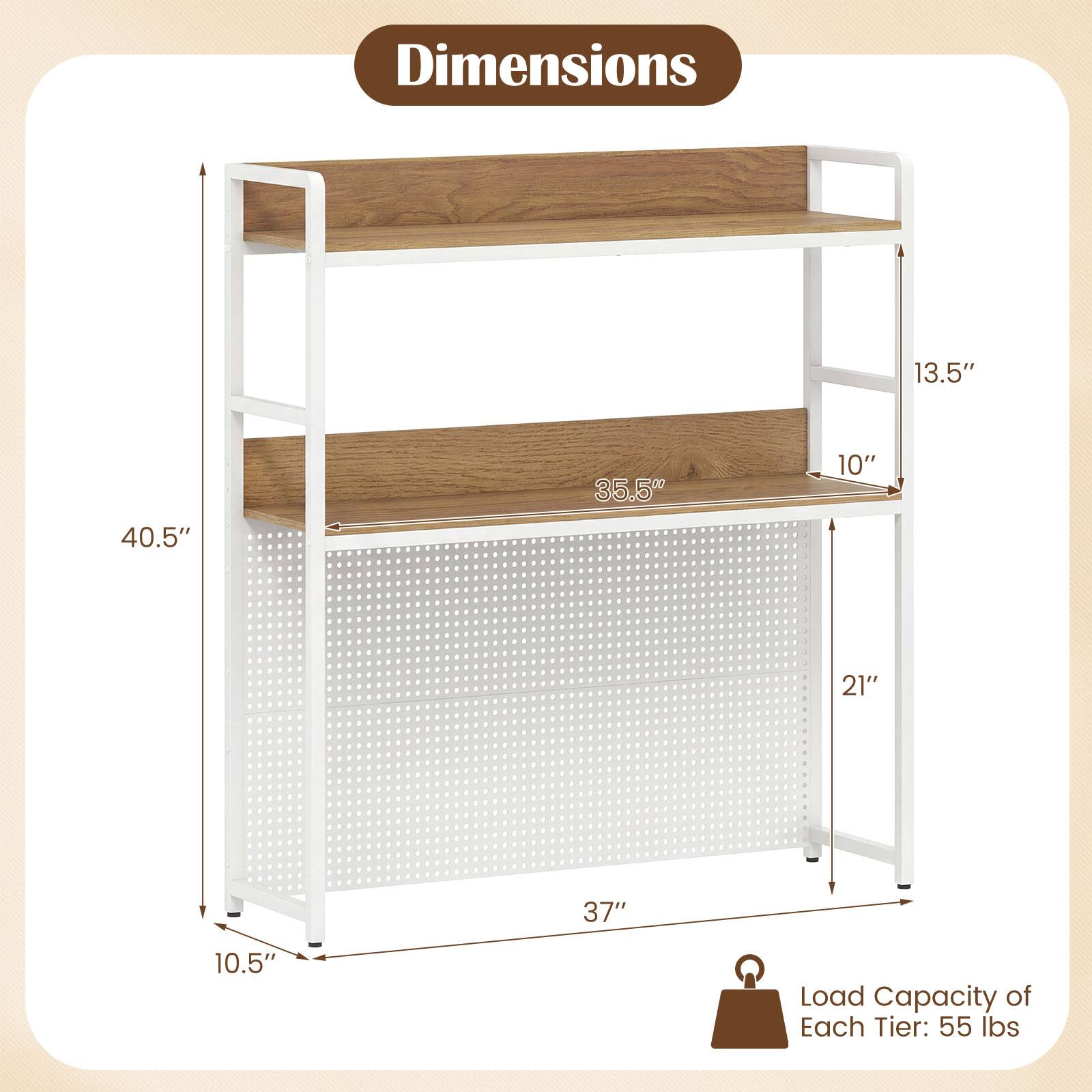 Dimensions:  
- Width: 35.5"  
- Depth: 13.5"  
- Height: 40.5"  
- Shelf Depth: 10"  
- Shelf Height: 21"  
- Overall Height: 37"  
- Base Height: 10.5"  

Load Capacity of Each Tier: 55 lbs