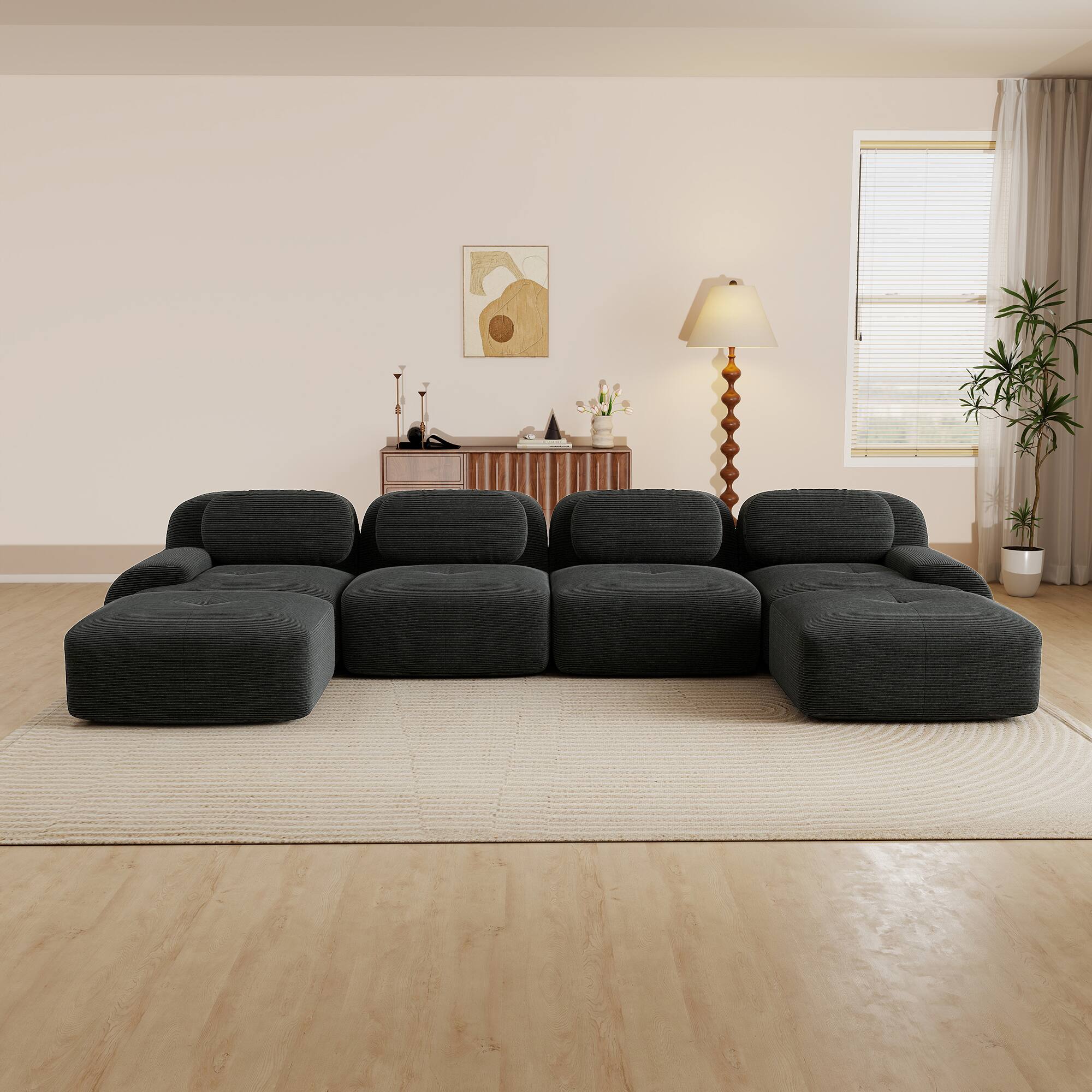 Angle. Aukfa - 4 Seats + 2 Ottoman Modular Corduroy Sectional Sofa - Ergonomic Support, Pet Friendly, Easy Assembly, Non-Slip Base - Black.