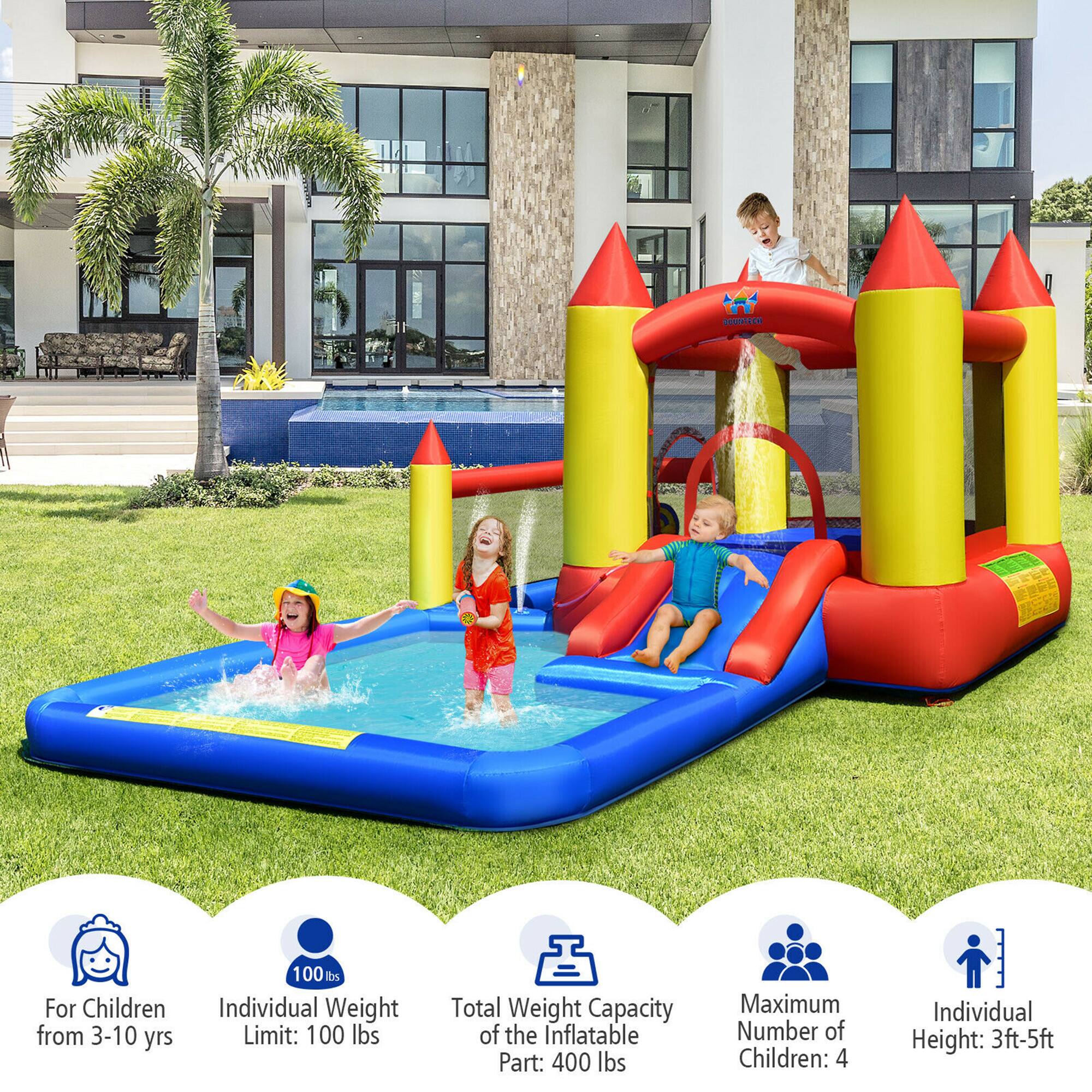 - For Children from 3-10 yrs
- Individual Weight Limit: 100 lbs
- Total Weight Capacity of the Inflatable Part: 400 lbs
- Maximum Number of Children: 4
- Individual Height: 3ft-5ft