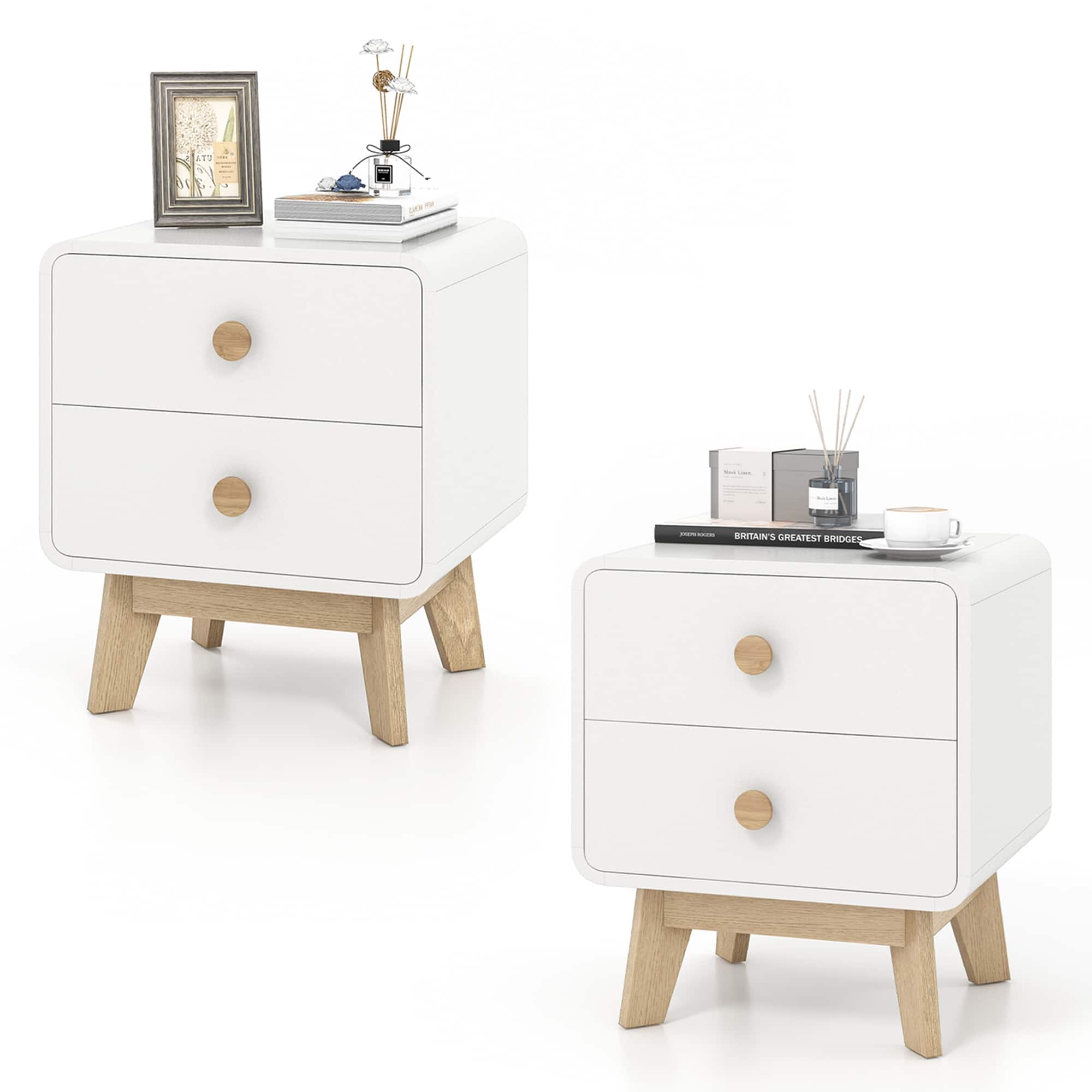 Costway - 2 PCS Nightstand Mid Century Modern Bedside Table with 2 Drawers Solid Rubber Wood Legs - White