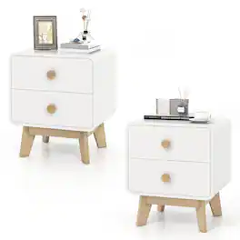Costway - 2 PCS Nightstand Mid Century Modern Bedside Table with 2 Drawers Solid Rubber Wood Legs - White