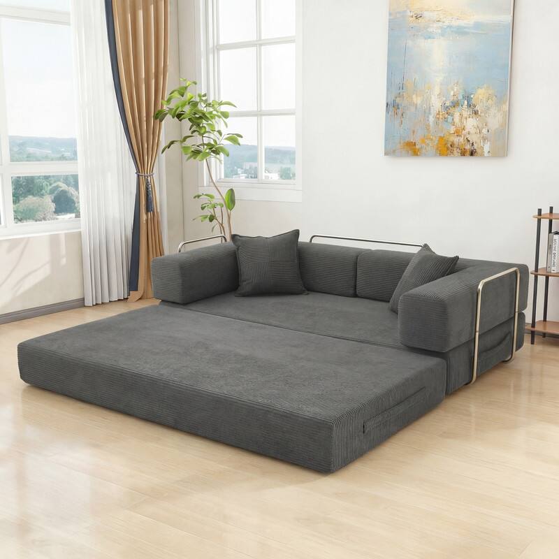 Left. Dyonery - 78"Folding Sofa Bed Convertable Corduroy Couch  Floor Sleeper 4-in-1 DIY Combination Modular Sofa Fold Out Comfy sofa. - Grey.