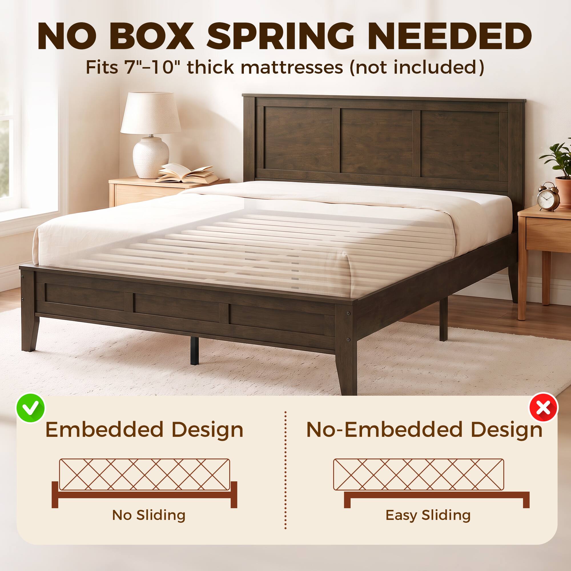 NO BOX SPRING NEEDED  
Fits 7"-10" thick mattresses (not included)  

Embedded Design  
No Sliding  

No-Embedded Design  
Easy Sliding