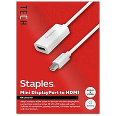 **TECH**
**Staples**
**Mini DisplayPort to HDMI**
**4K Ultra HD**
**AUDIO & VIDEO**
**Adapts standard HDMI cable for devices with Mini DisplayPort connections to deliver crisp, 4K Ultra HD video and audio.**
**Suitable for computers, gaming consoles, HD video equipment and other devices.**
**WHITE**