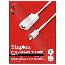 Staples TECH - Mini DisplayPort to HDMI Audio/Video Adapter, Male to Female, (ST62353) - White