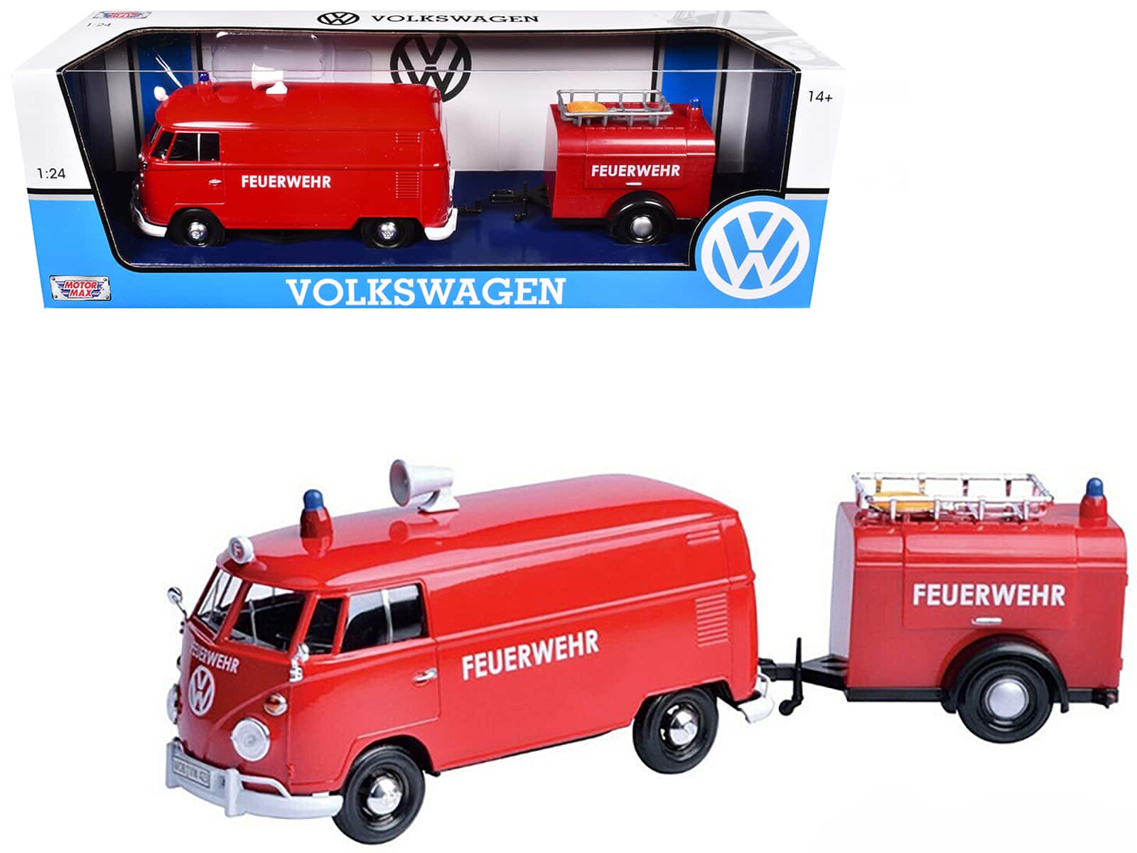 "Volkswagen Type 2 (T1) Fire Van with Fire Fighting Trailer ""Feuerwehr"" Red 1/24 Diecast Model Car by Motormax" price history on PriceWatchPro