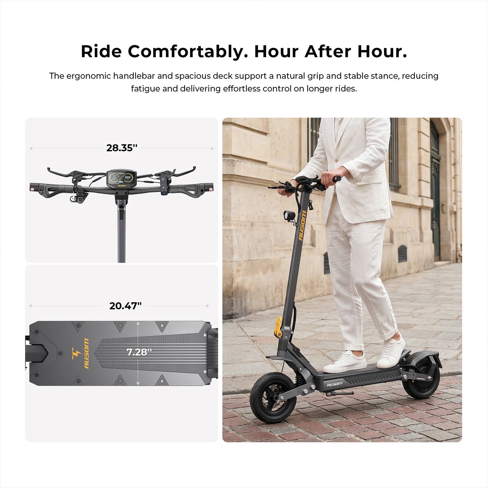 Ride Comfortably. Hour After Hour.

The ergonomic handlebar and spacious deck support a natural grip and stable stance, reducing fatigue and delivering effortless control on longer rides.

28.35"  
20.47"  
7.28"